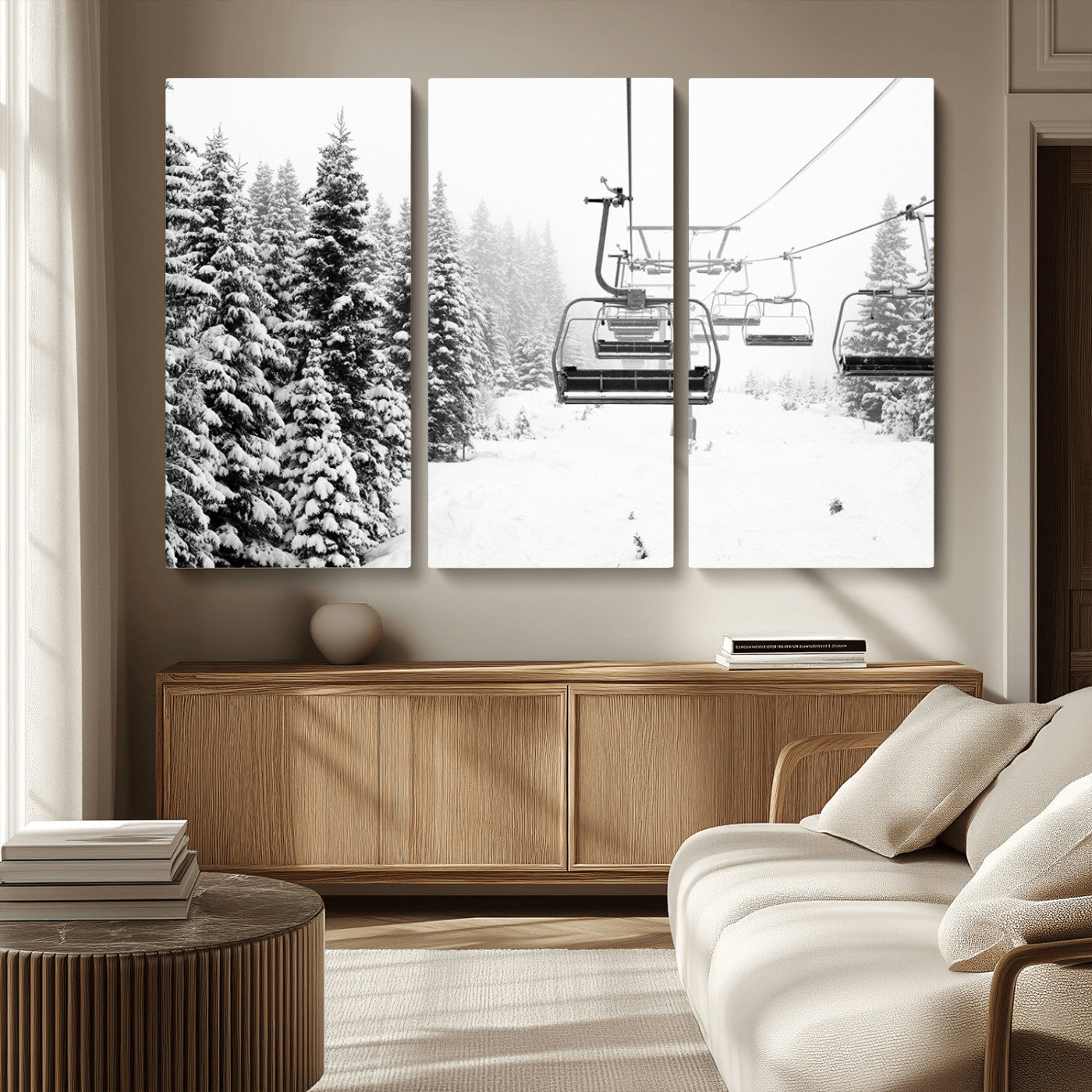 70609-MGV-CV-36X24-Snowy Ski Lift Wall Art – Black and White Winter Mountain Landscape Canvas Print, Rustic Lodge Decor for Cabin, Living Room or