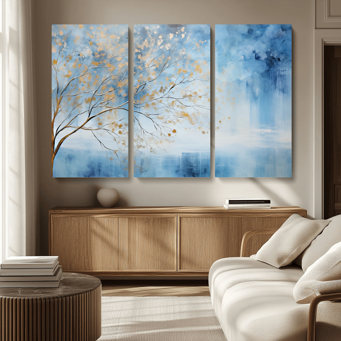23891-MGV-CV-36X24-Abstract Tree Wall Art – Minimalist Blue and Gold Canvas Painting, Elegant Nature-Inspired Artwork for Living Room, Bedroom or
