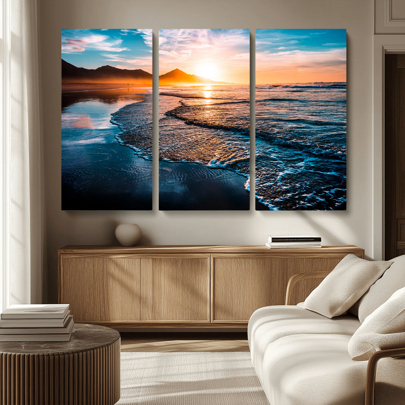 26494-MGV-CV-36X24-Ocean Sunset Wall Art – Scenic Beach Canvas Print with Waves and Mountains, Coastal Seascape Photography for Living Room, Bedroom
