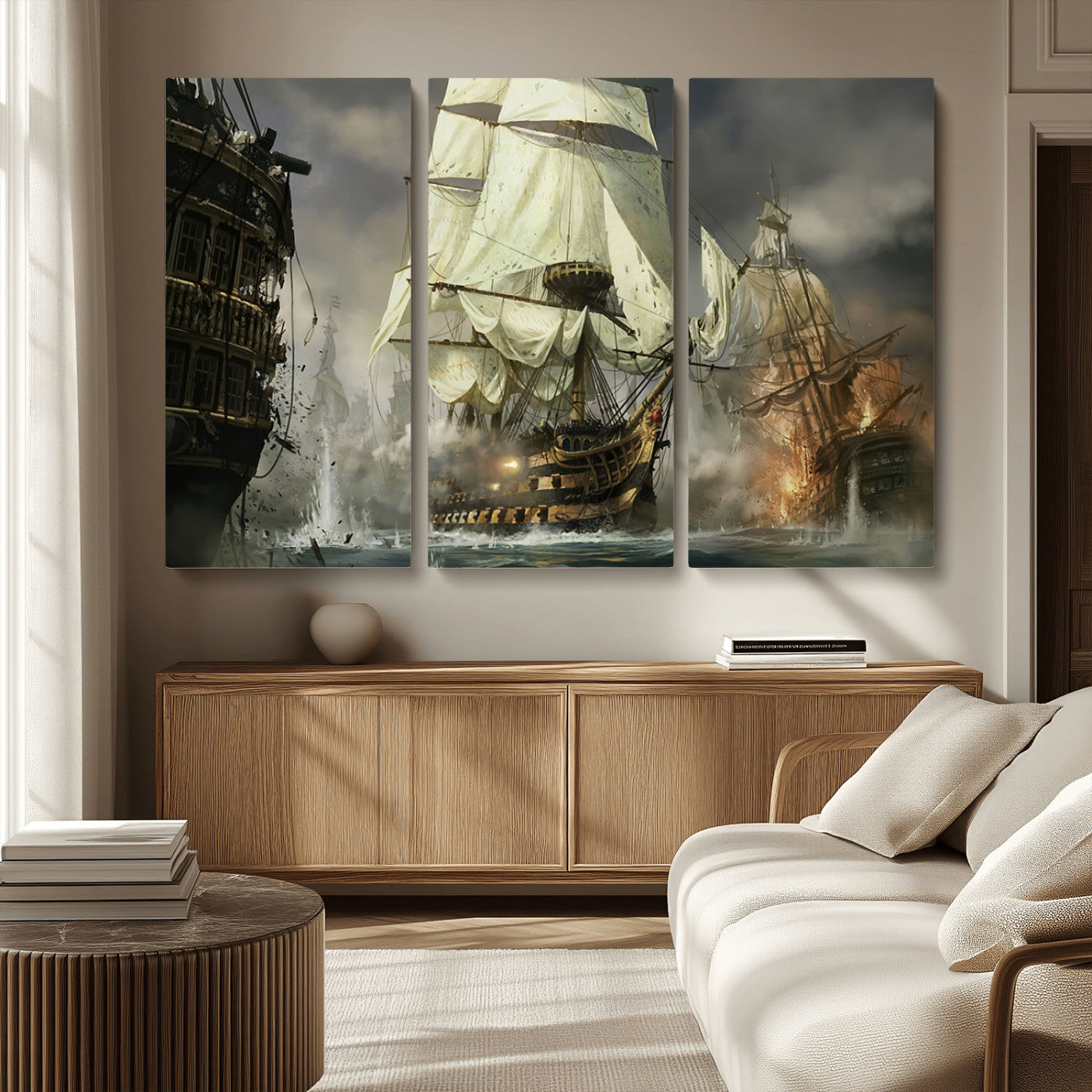 26512-MGV-CV-36X24-Naval Battle Wall Art – Dramatic Tall Ship Canvas Print, Historic Pirate Sailing War Scene, Nautical Decor for Office, Study or