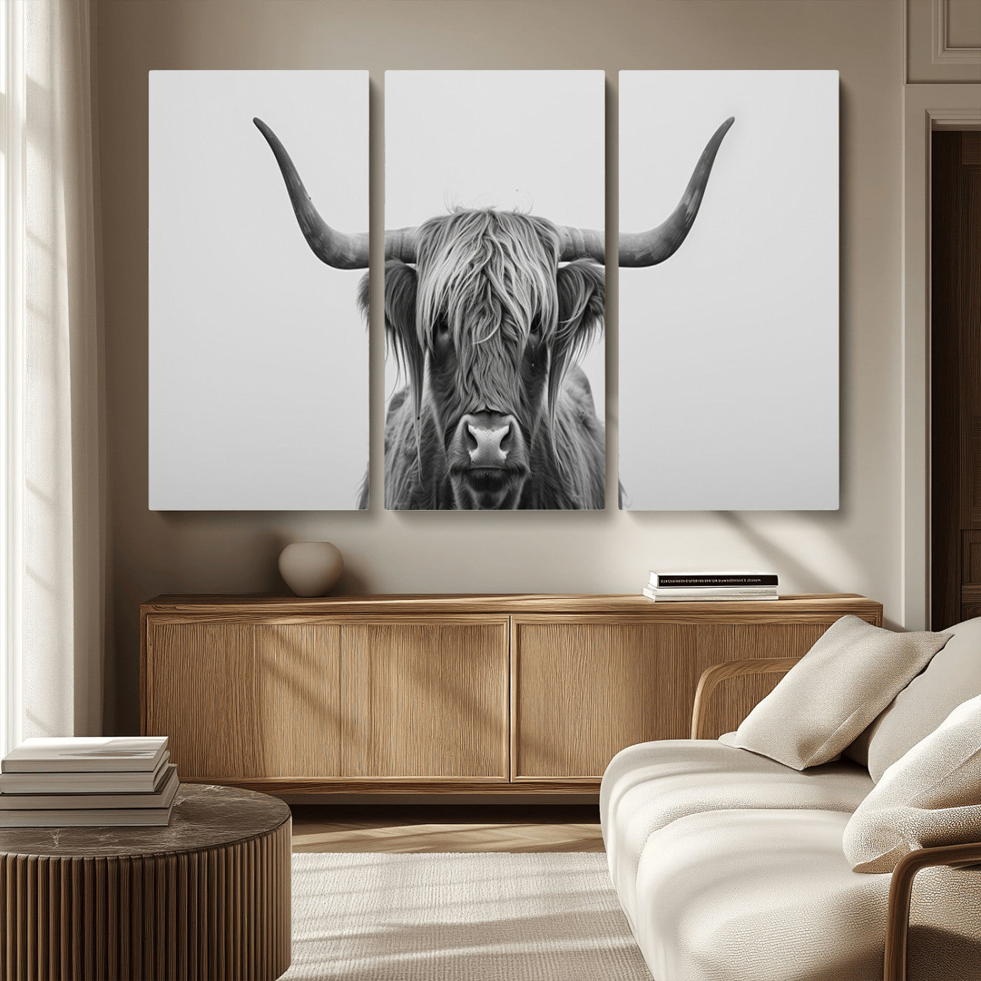 35820-MGV-CV-36X24-Minimalist Highland Cow Wall Art – Black and White Longhorn Cattle Canvas Print, Modern Farmhouse Animal Photography Decor for