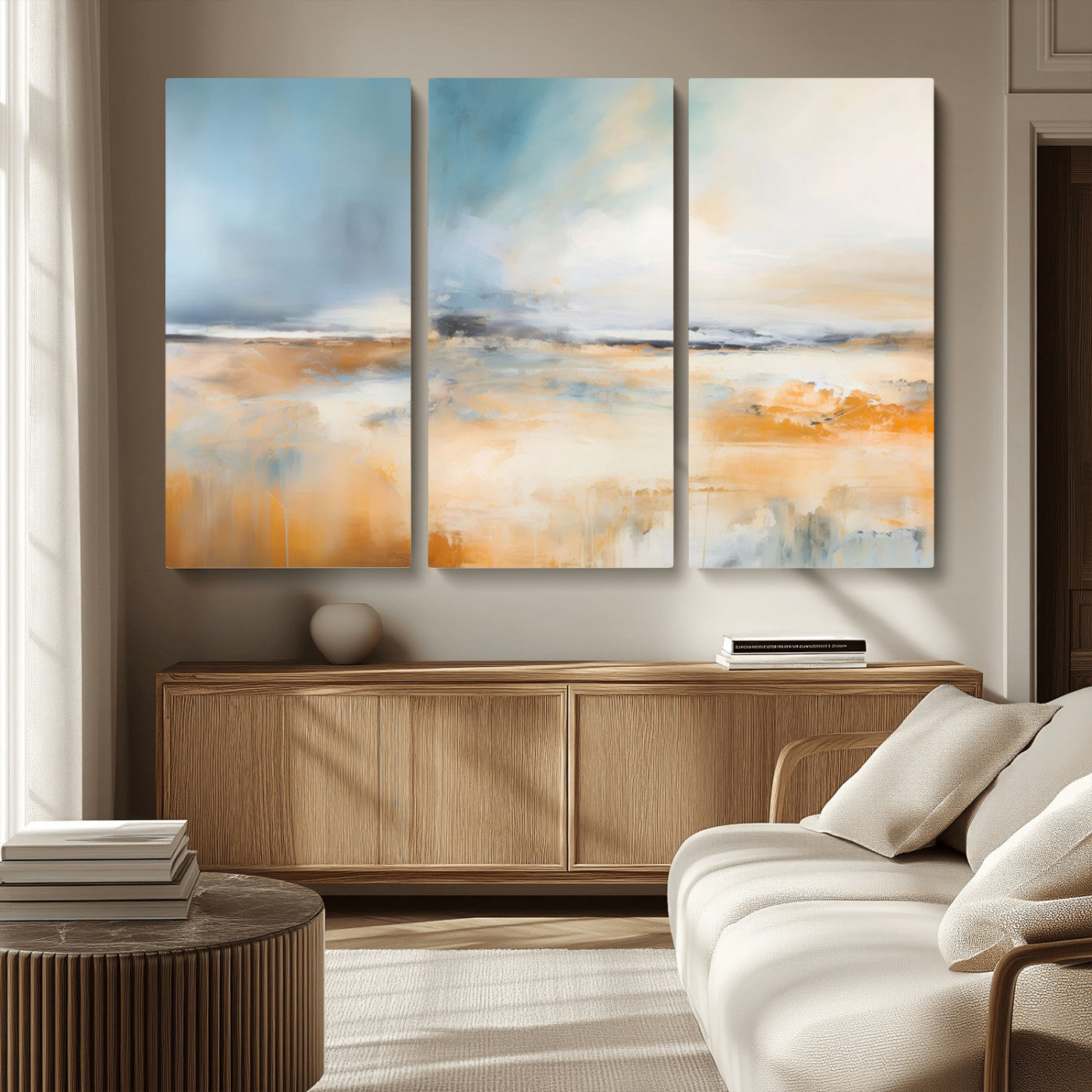 92764-MGV-CV-36X24-Abstract Landscape Wall Art – Modern Blue and Orange Canvas Print, Large Minimalist Painting for Living Room, Bedroom, Office or