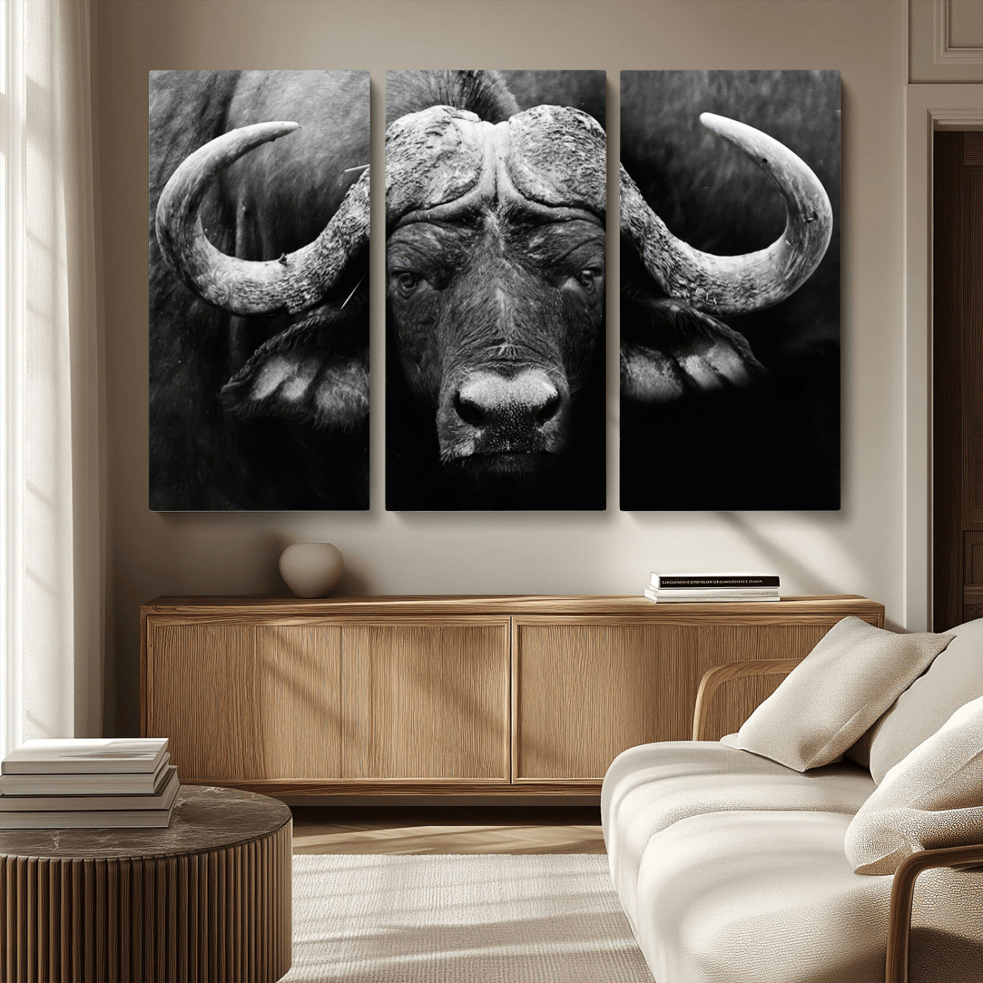 75273-MGV-CV-36X24-Buffalo Wall Art – Black and White African Buffalo Canvas Print, Rustic Wildlife Animal Artwork for Farmhouse, Living Room,
