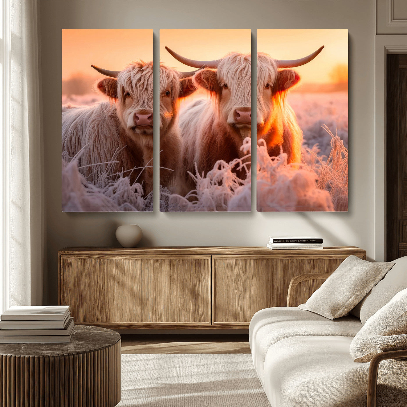 68253-MGV-CV-36X24-Highland Cow Wall Art – Rustic Farmhouse Cattle Canvas Print, Frosty Sunset Animal Artwork for Living Room, Bedroom or Country