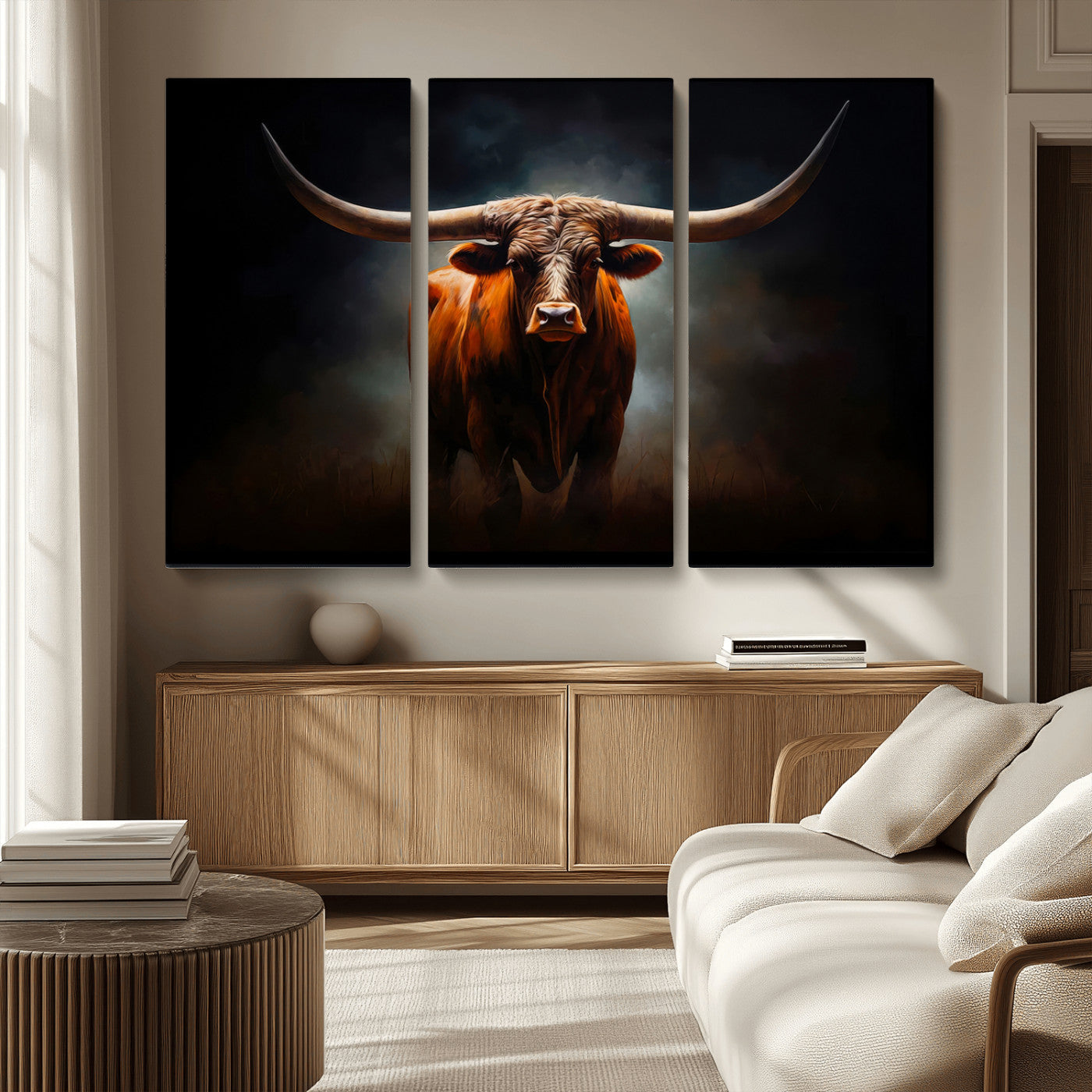 48896-MGV-CV-36X24-Texas Longhorn Wall Art – Rustic Western Bull Canvas Print and Farmhouse Cattle Painting for Living Room, Ranch, or Office Decor .