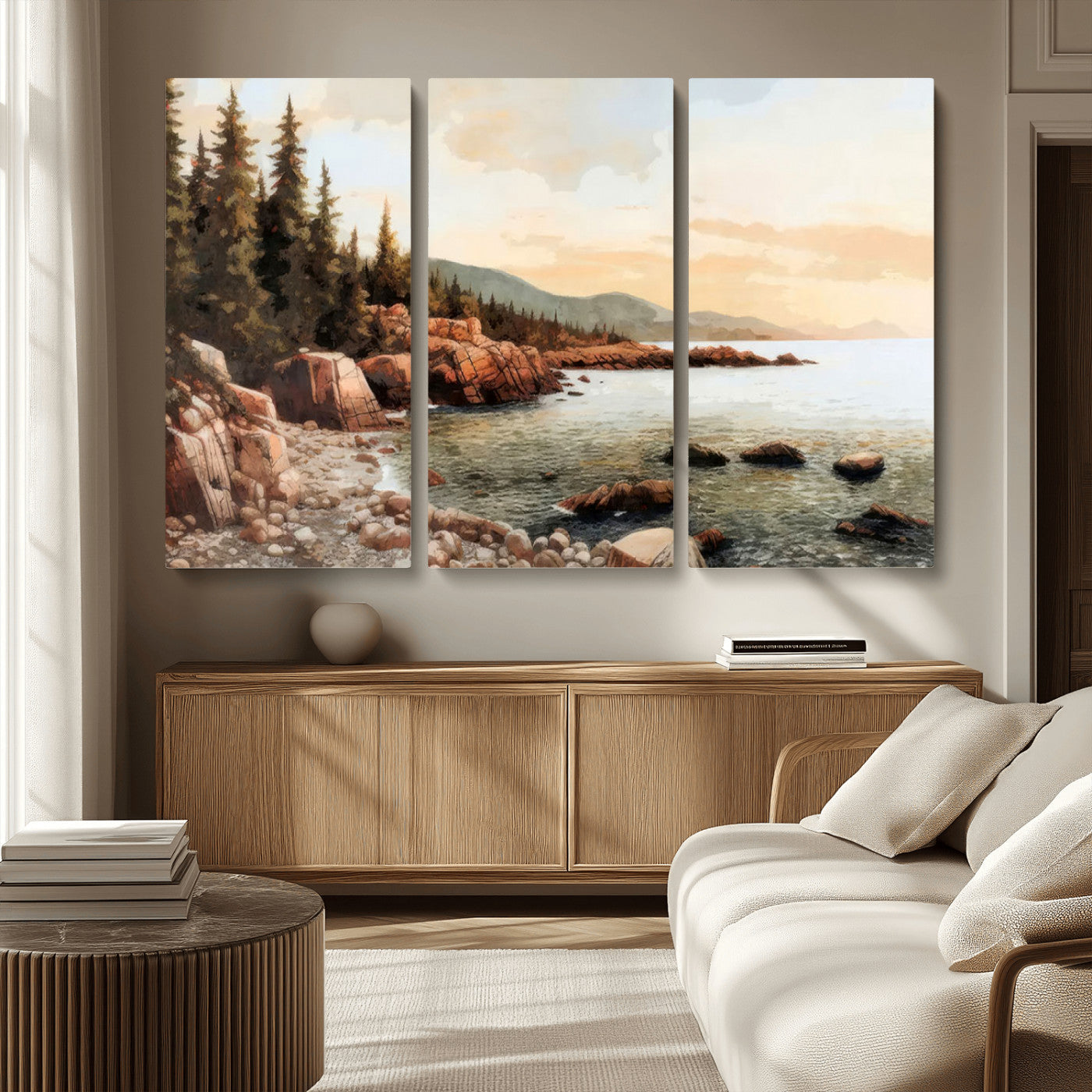 77145-MGV-CV-36X24-Coastal Landscape Wall Art – Panoramic Rocky Shoreline and Pine Trees Canvas Print, Rustic Nature Decor for Cabin, Lodge, Office,