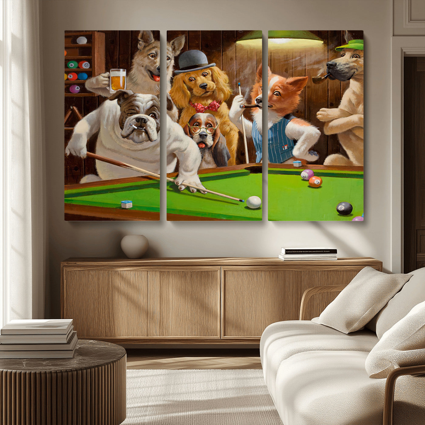 34228-MGV-CV-36X24-Dogs Playing Pool Wall Art Canvas Print, Framed Funny Dog Art Picture Print, Dog Perfect Game Room Decor Artwork