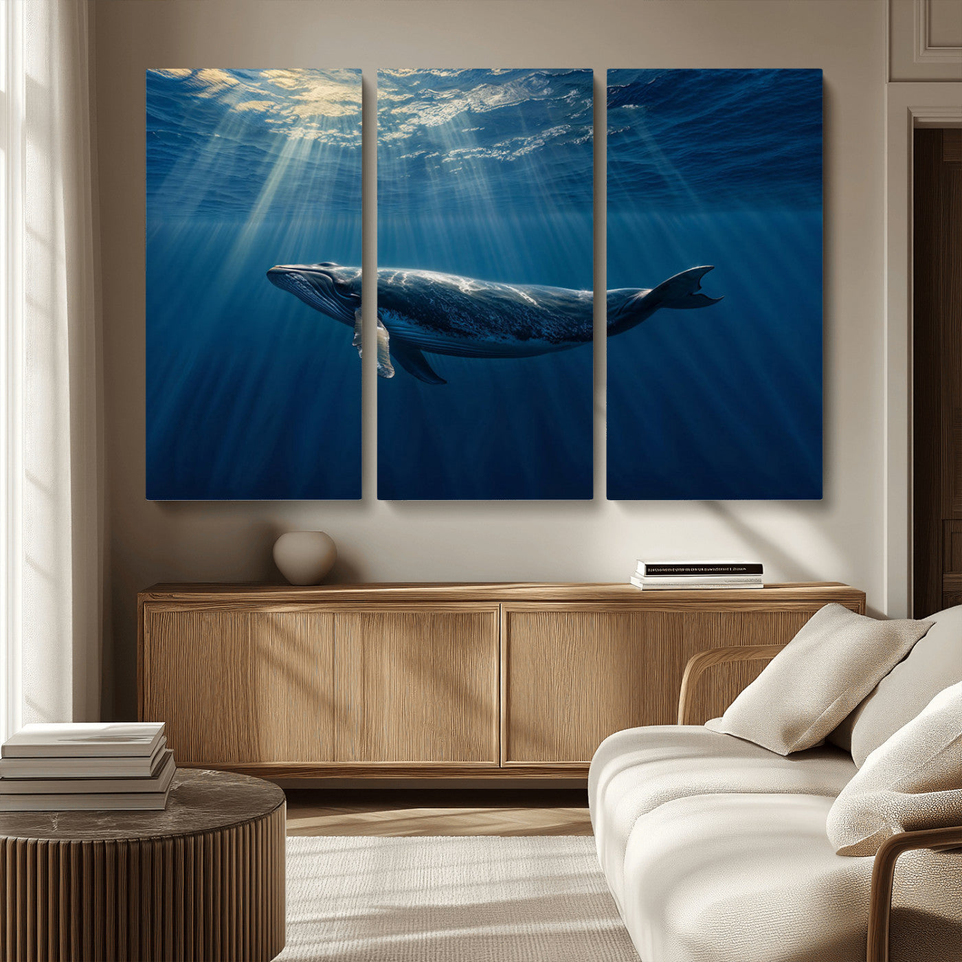 18052-MGV-CV-36X24-Whale Wall Art – Majestic Ocean Canvas Print Marine Life Underwater Sunlight Scene, Nautical Coastal Decor for Living Room,