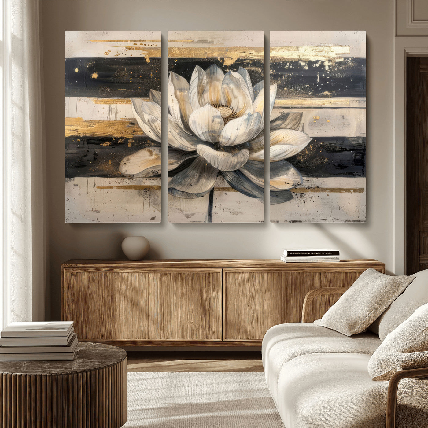 18807-MGV-CV-36X24-Lotus Flower Wall Art Canvas Print, Framed Abstract Lotus Art Picture Print, White Lotus Flower Perfect Abstract Floral Decor