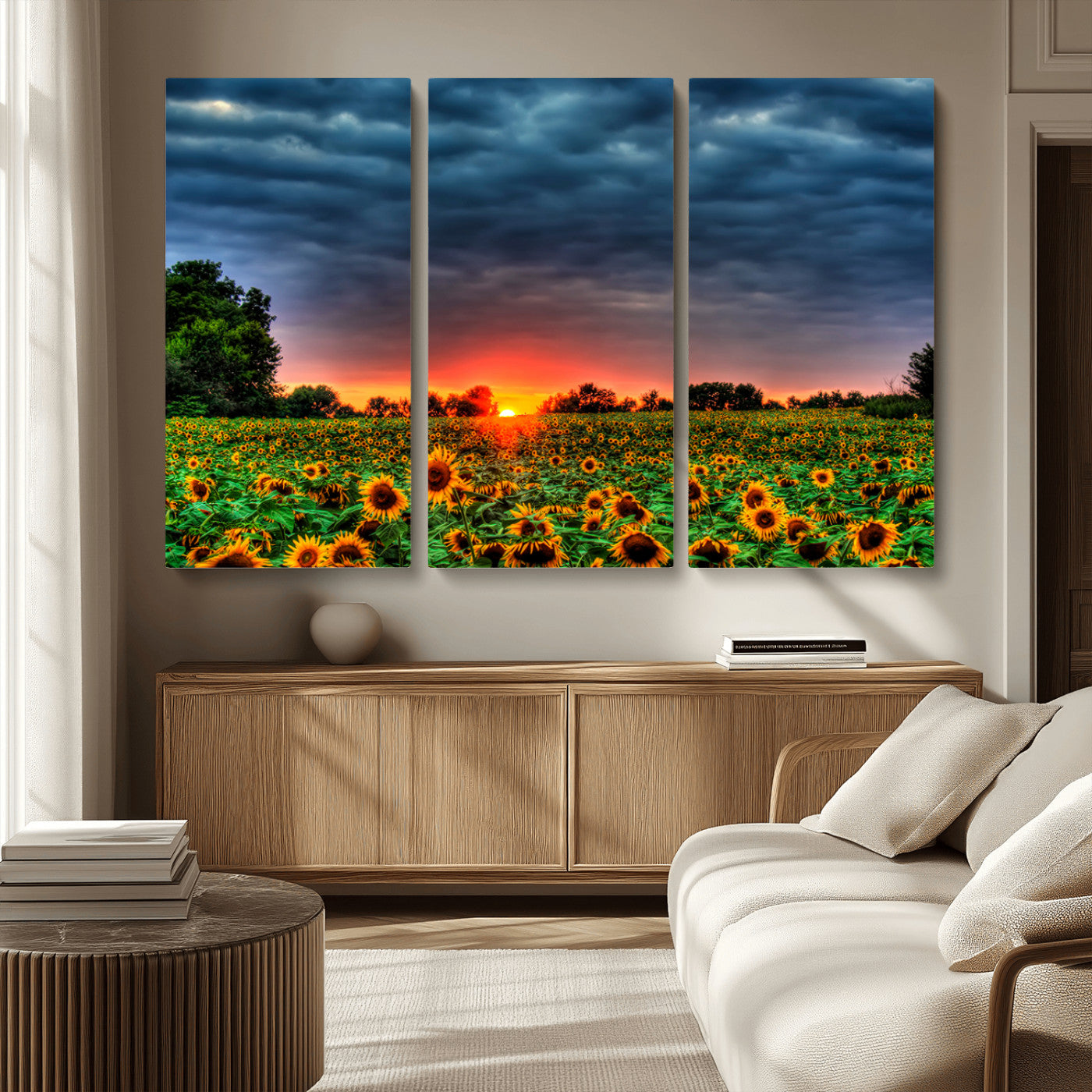 45045-MGV-CV-36X24-Sunflower Field Sunset Wall Art – Dramatic Stormy Sky Landscape Print, Vibrant Yellow Floral Nature Canvas for Living Room,