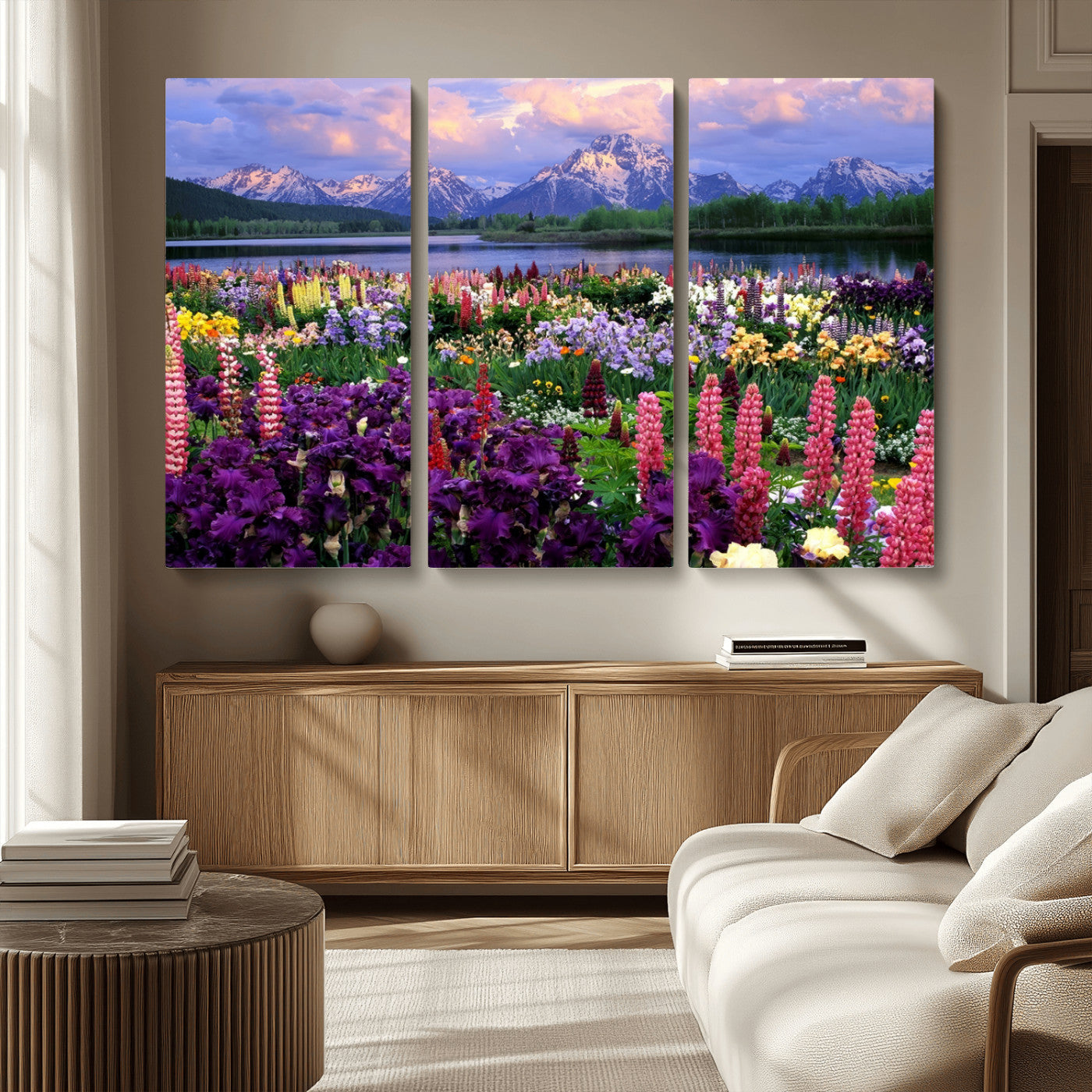 82270-MGV-CV-36X24-Colorful Wildflower Meadow Landscape Wall Art – Snow-Capped Mountain Lake Sunset Print, Vibrant Nature Artwork for Living Room,