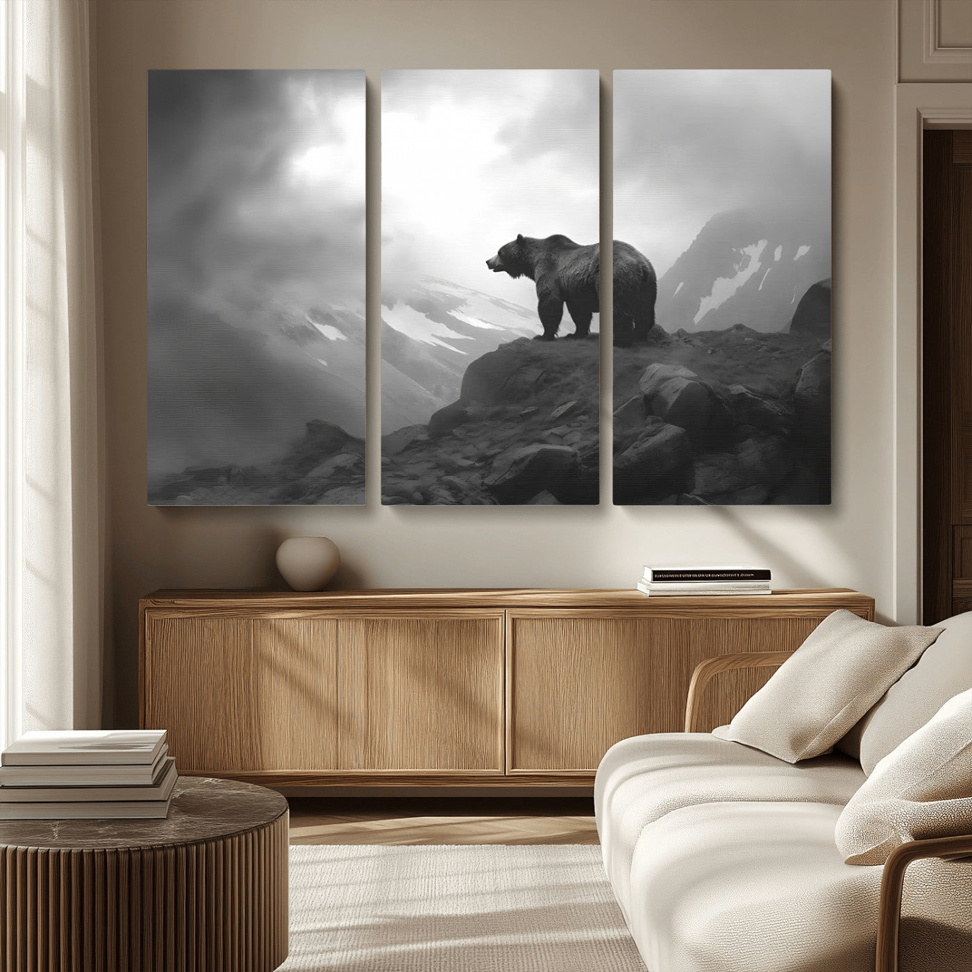 49504-MGV-CV-36X24-Black and White Grizzly Bear Wall Art – Wilderness Wildlife Painting, Rustic Mountain Cabin Decor, Monochrome Animal Print for