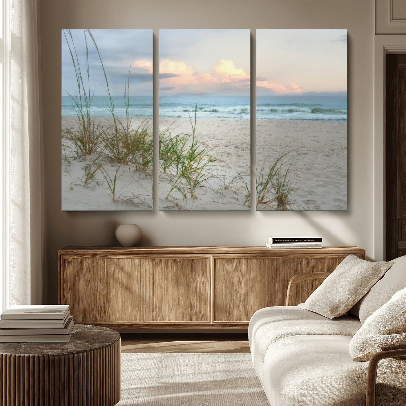 Test1001-MGV-CV-36X24-Coastal Beach Wall Art – Panoramic Ocean Waves and Sandy Dunes Canvas Print, Serene Seascape with Sea Oats for Relaxing Home or