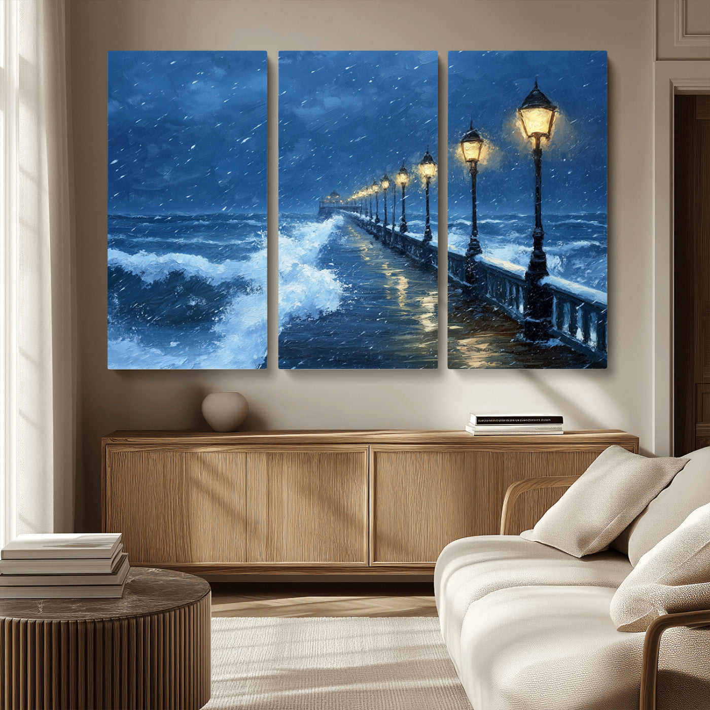 32668-MGV-CV-36X24-Stormy Pier Wall Art – Ocean Waves and Street Lamps Canvas Print, Rainy Night Seascape Oil Painting Poster for Living Room,