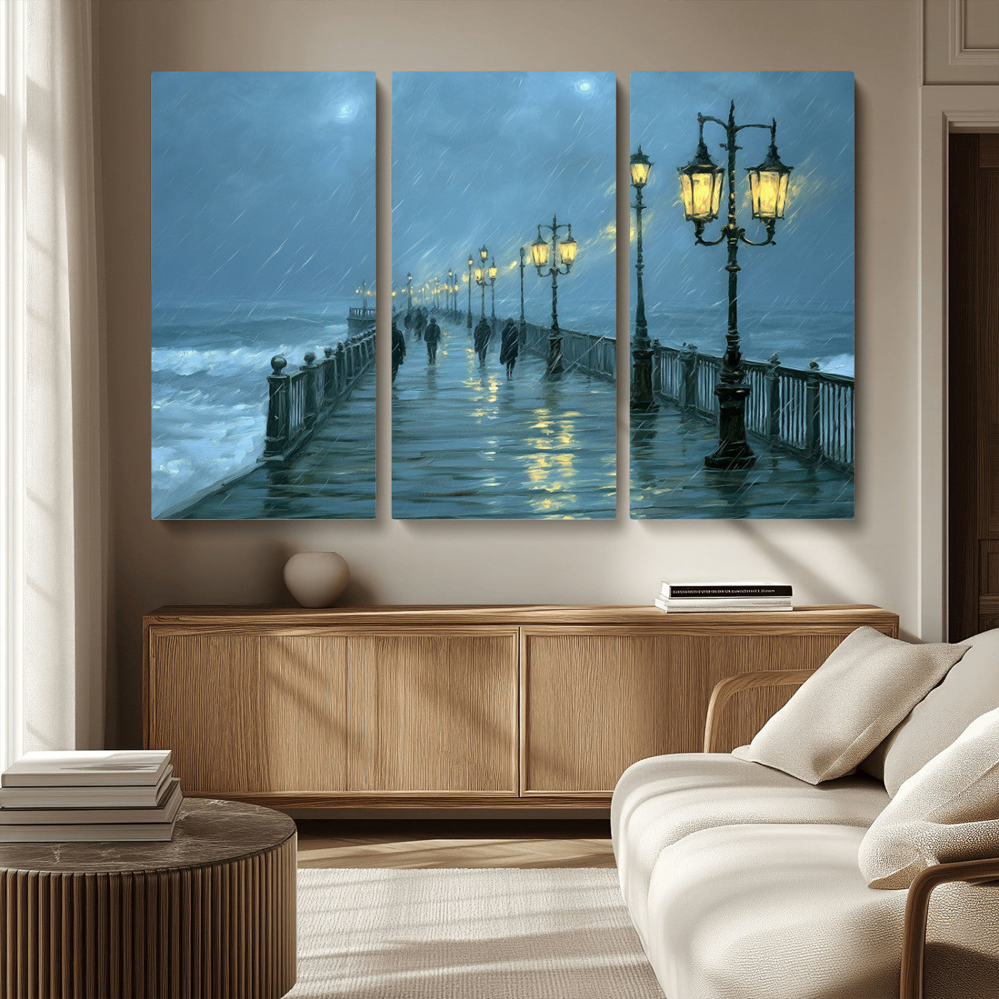 79606-MGV-CV-36X24-Rainy Pier Night Wall Art – Ocean Waves and Street Lamps Canvas Print, Moody Seascape Oil Painting Poster for Living Room,