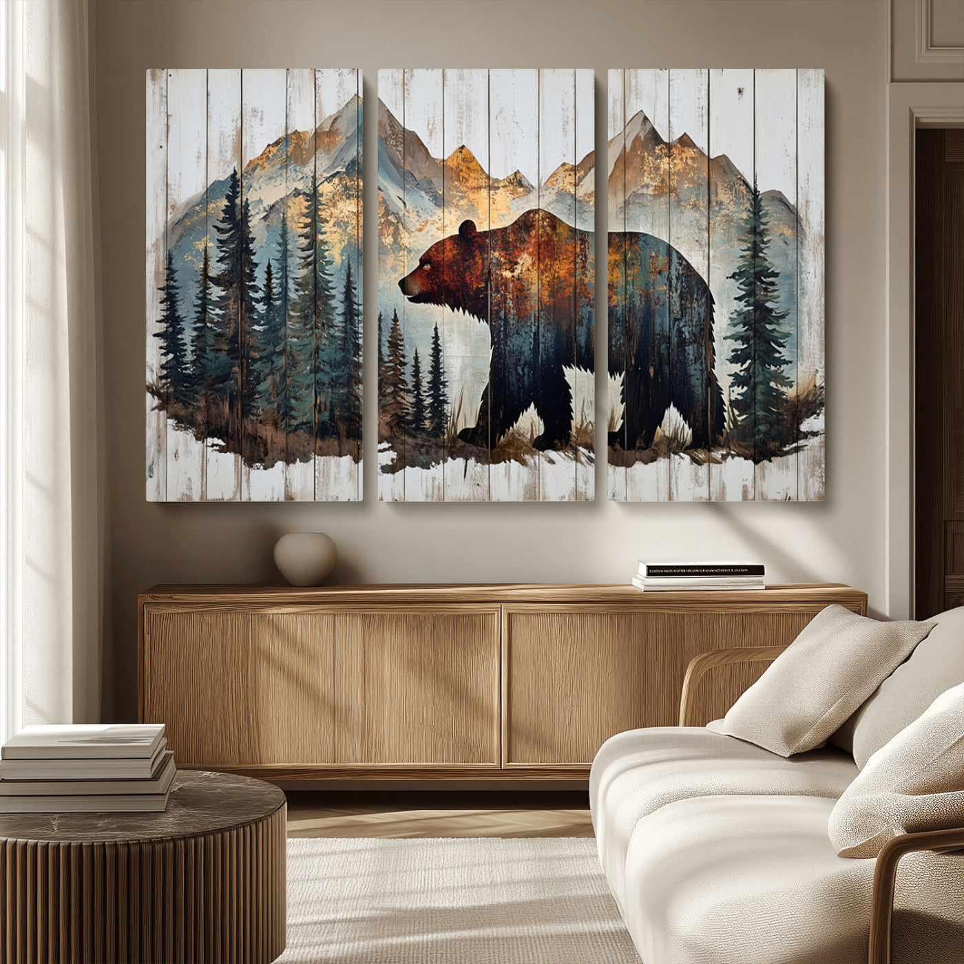 55777-MGV-CV-36X24-Rustic Bear Wall Art Canvas Print, Framed Mountain and Forest Art Picture Print, Wooden Bear Perfect Rustic Lodge Decor Artwork