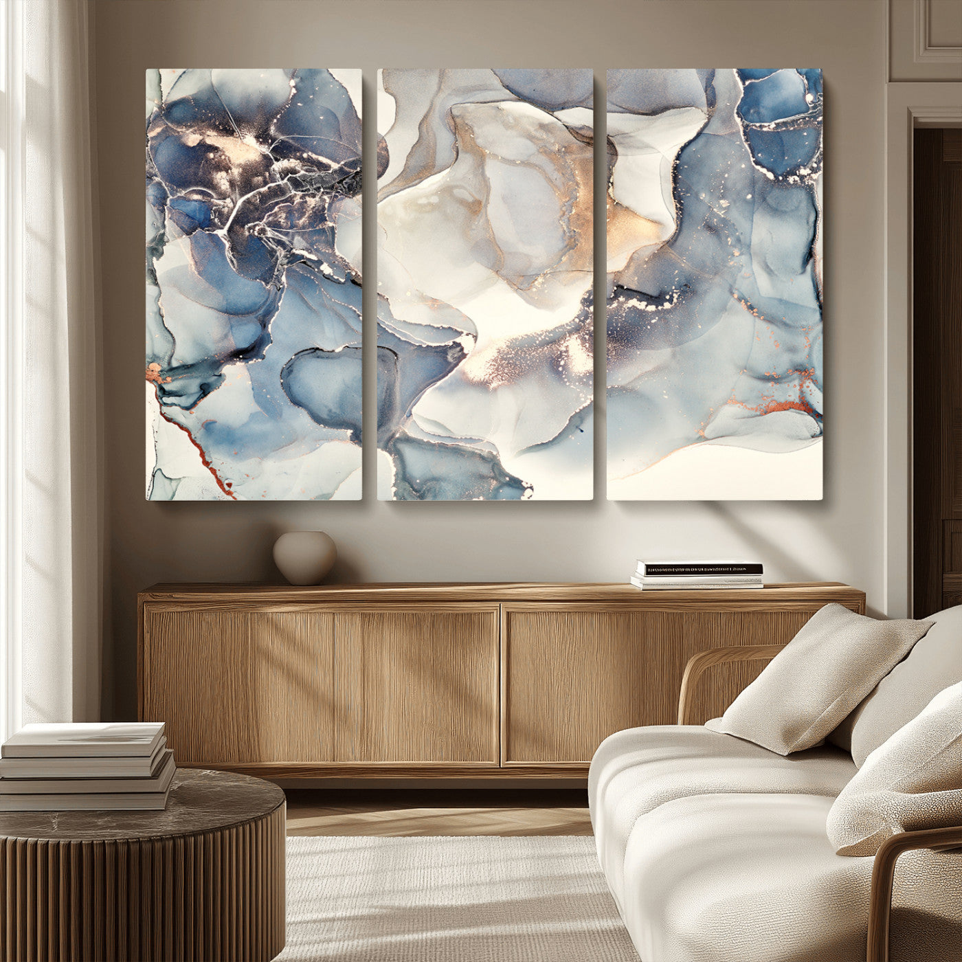 51497-MGV-CV-36X24-Abstract Blue and Gold Wall Art – Modern Fluid Ink Style Canvas Print, Elegant Contemporary Decor for Living Room, Office