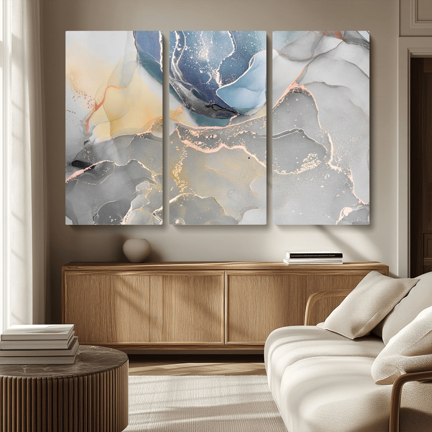 18176-MGV-CV-36X24-Abstract Fluid Wall Art – Modern Marble Ink Canvas Print with Blue, Gold, and Gray Tones, Contemporary Minimal Artwork Decor for