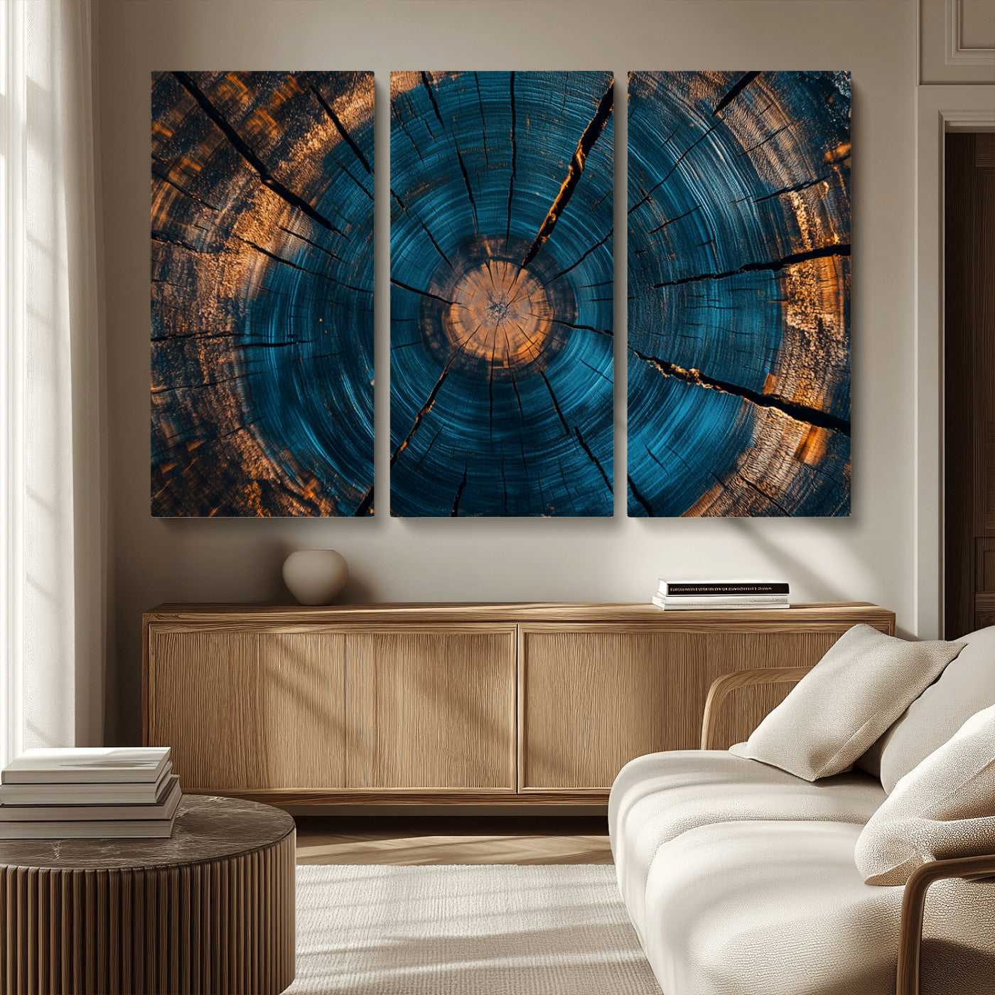 13398-MGV-CV-48X32-3P-Tree Ring Wall Art – Abstract Wood Grain Canvas Print with Blue and Orange Accents, Rustic Nature Inspired Artwork for Living