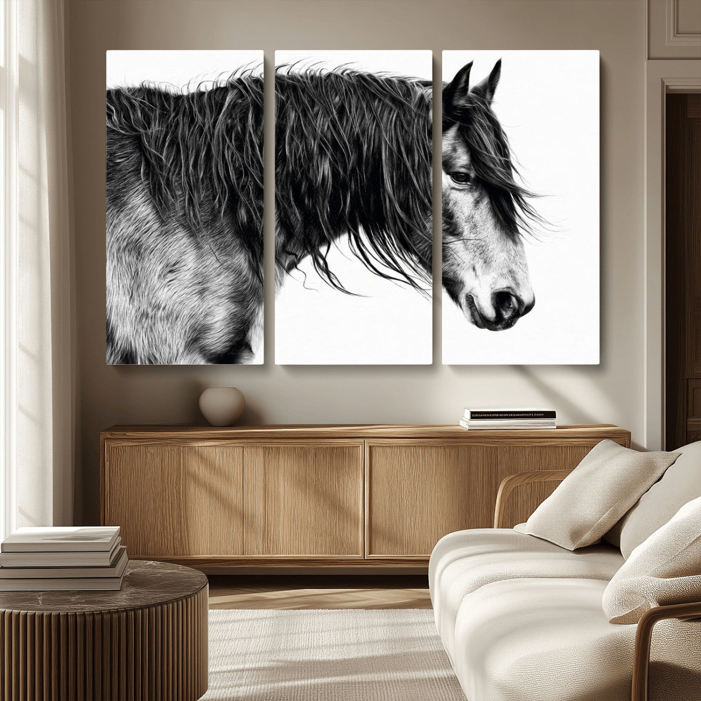 57694-MGV-CV-36X24-Horse Portrait Wall Art – Black and White Canvas Print with Detailed Stallion Profile, Rustic Farmhouse Equestrian Artwork for