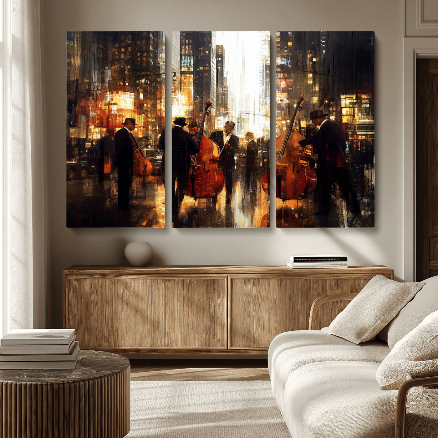 58782-MGV-CV-36X24-Jazz Musicians Cityscape Wall Art – Vibrant Urban Night Canvas Print, Elegant Music Themed Decor for Living Room, Office, or Music