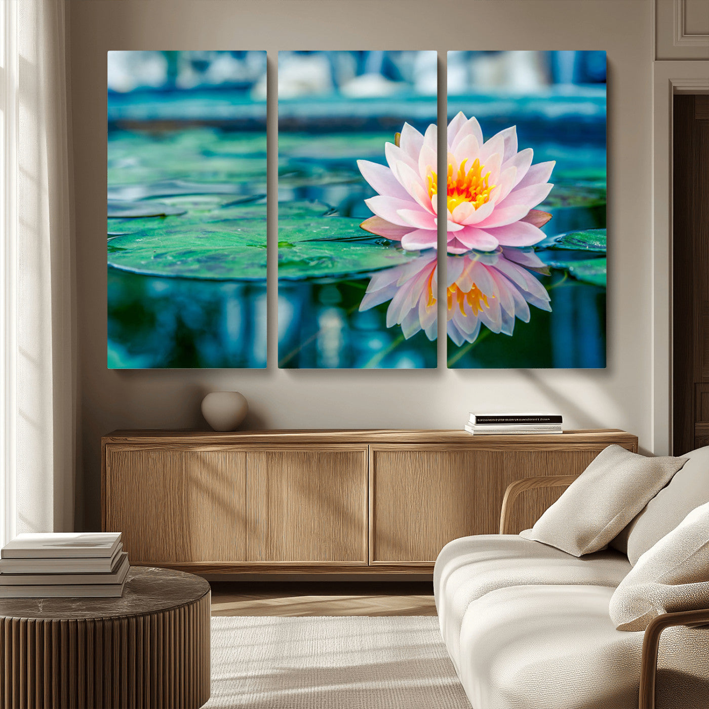 65933-MGV-CV-36X24-Pink Water Lily Wall Art – Lotus Flower Canvas Print with Reflection on Calm Water, Peaceful Botanical Artwork for Living Room,