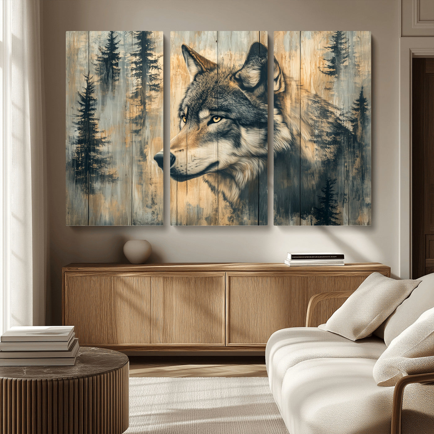 51892-MGV-CV-36X24-Wolf Wall Art – Rustic Canvas Print of Wolf with Forest Trees on Wood Texture, Wildlife Lodge Artwork for Living Room, Bedroom,