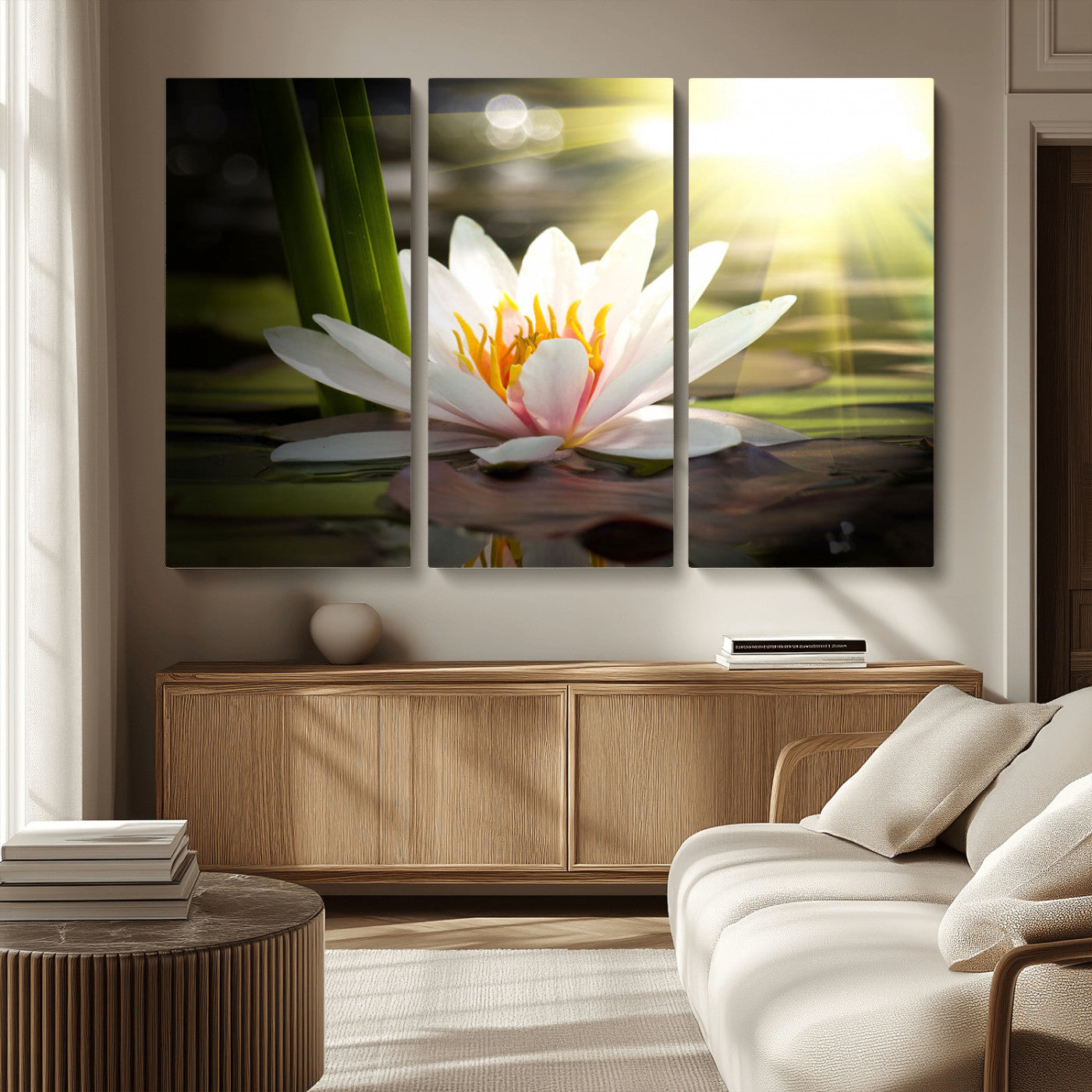 60352-MGV-CV-36X24-White Water Lily Wall Art – Lotus Flower Canvas Print with Sunlight Reflection, Peaceful Botanical Artwork for Living Room,