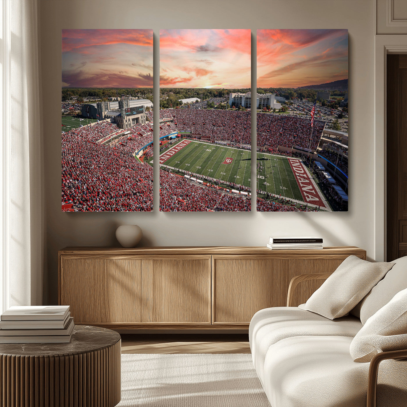 51135-MGV-CV-36X24-Indiana Hoosiers Stadium Wall Art – Panoramic Football Canvas Print with Game Day Crowd and Sunset Sky, Sports Artwork for Man
