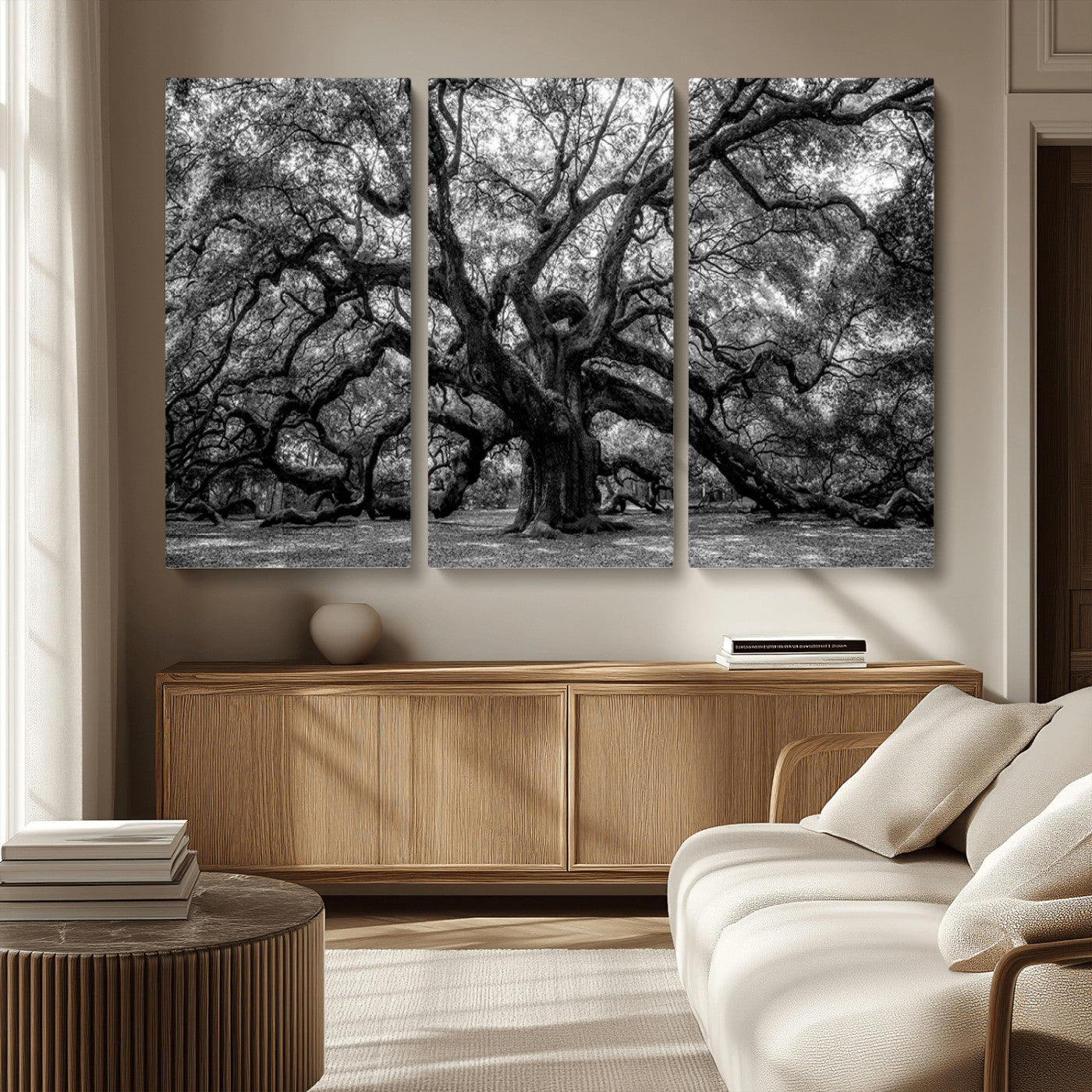 132944706-MGV-CV-36X24-Ancient Tree Wall Art – Black and White Photography Canvas Print Featuring Majestic Twisting Branches, Rustic Nature Artwork for