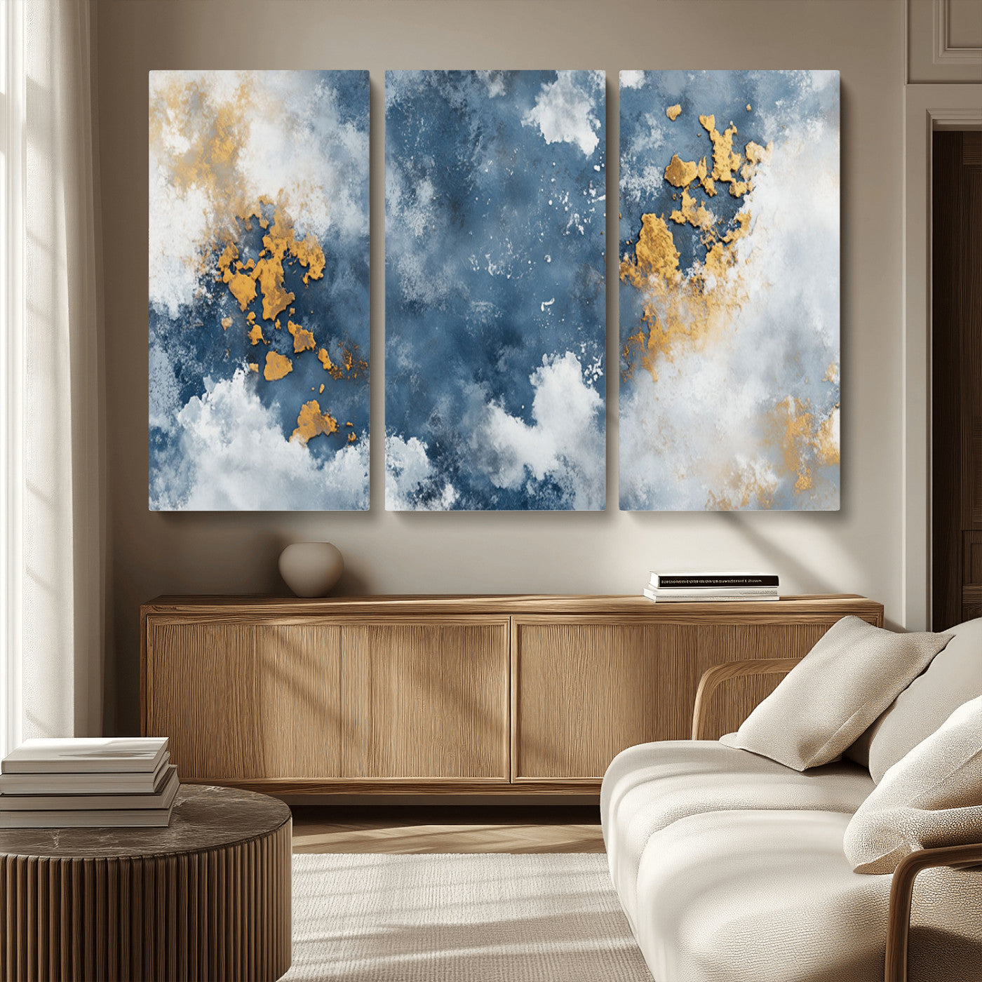 39575-MGV-CV-36X24-Blue and Gold Abstract Wall Art – Modern Canvas Print Featuring Cloudy Textures with Metallic Accents, Contemporary Artwork for