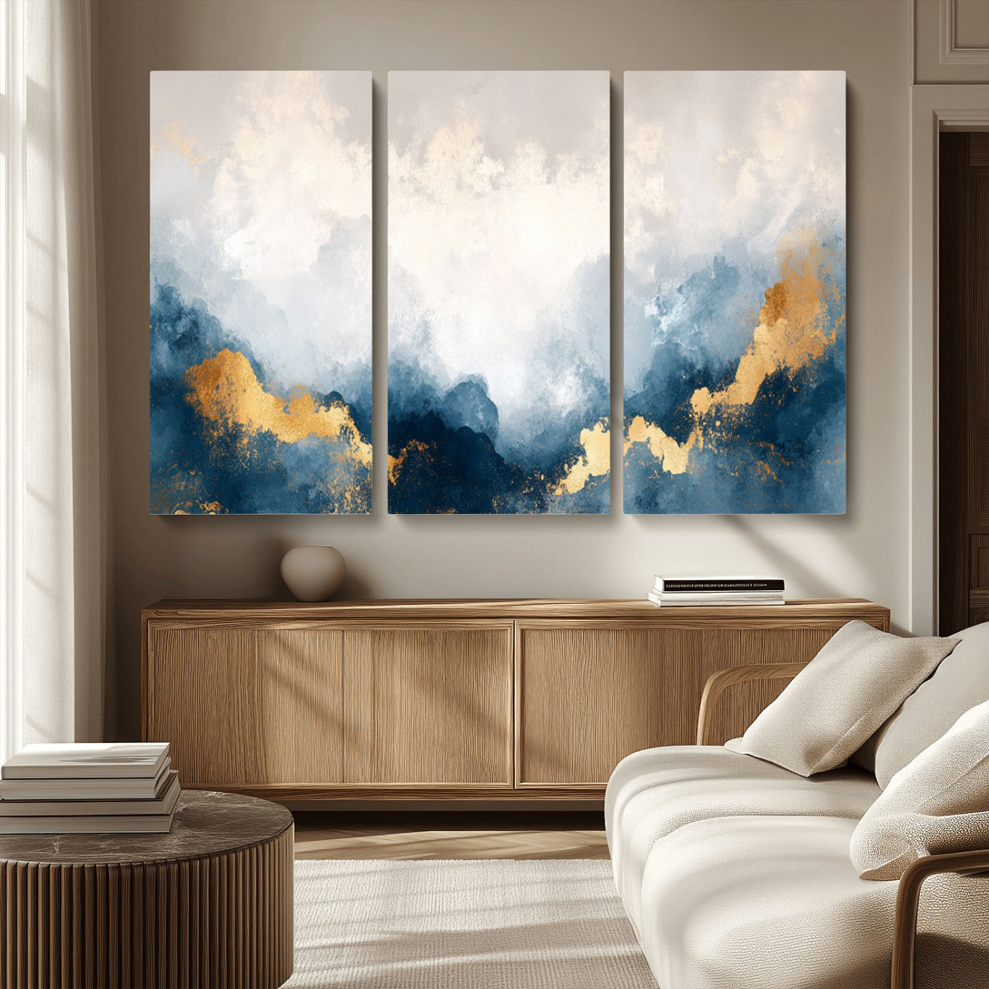 14578-MGV-CV-36X24-Abstract Wall Art – Modern Canvas Print Featuring Blue and White Clouds with Golden Accents, Contemporary Elegant Artwork for