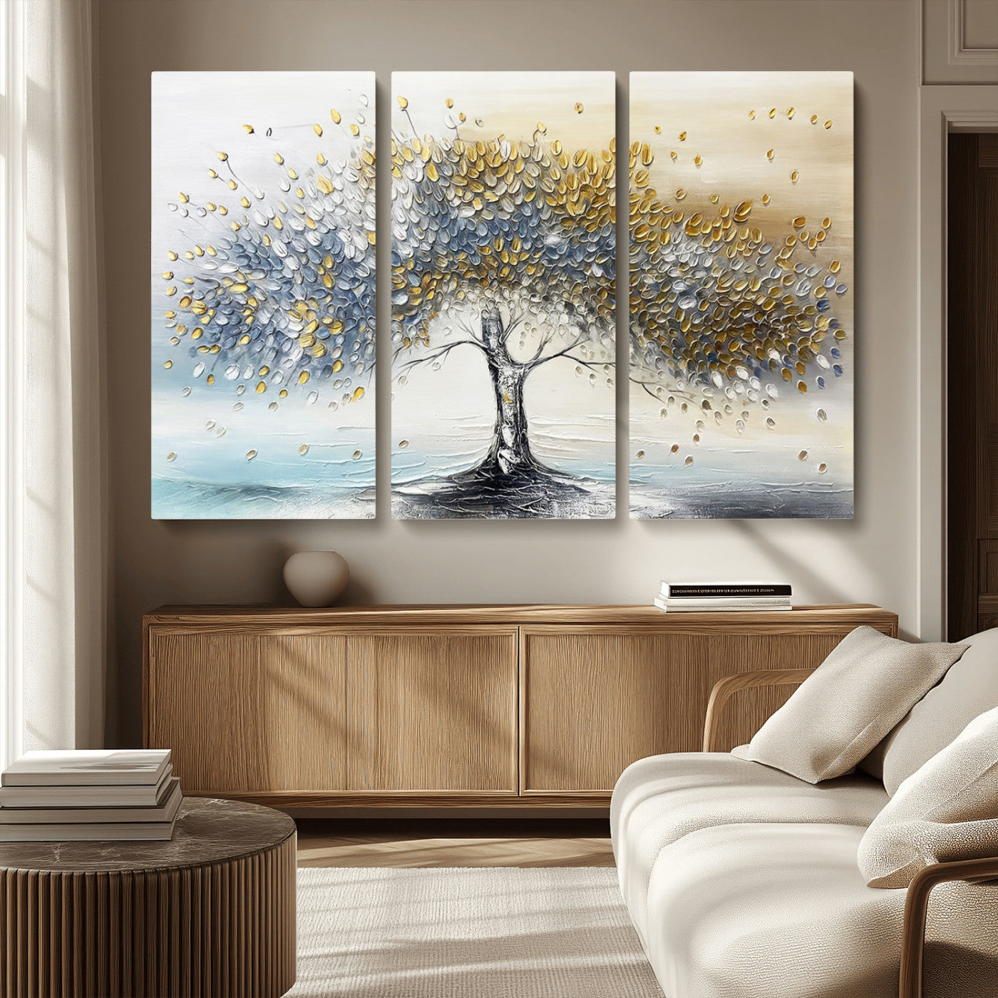 24771-MGV-CV-36X24-Silver Tree Wall Art Canvas Print, Framed Golden Leaves Art Picture Print, Metallic Tree Perfect Minimalist Luxury Decor Artwork