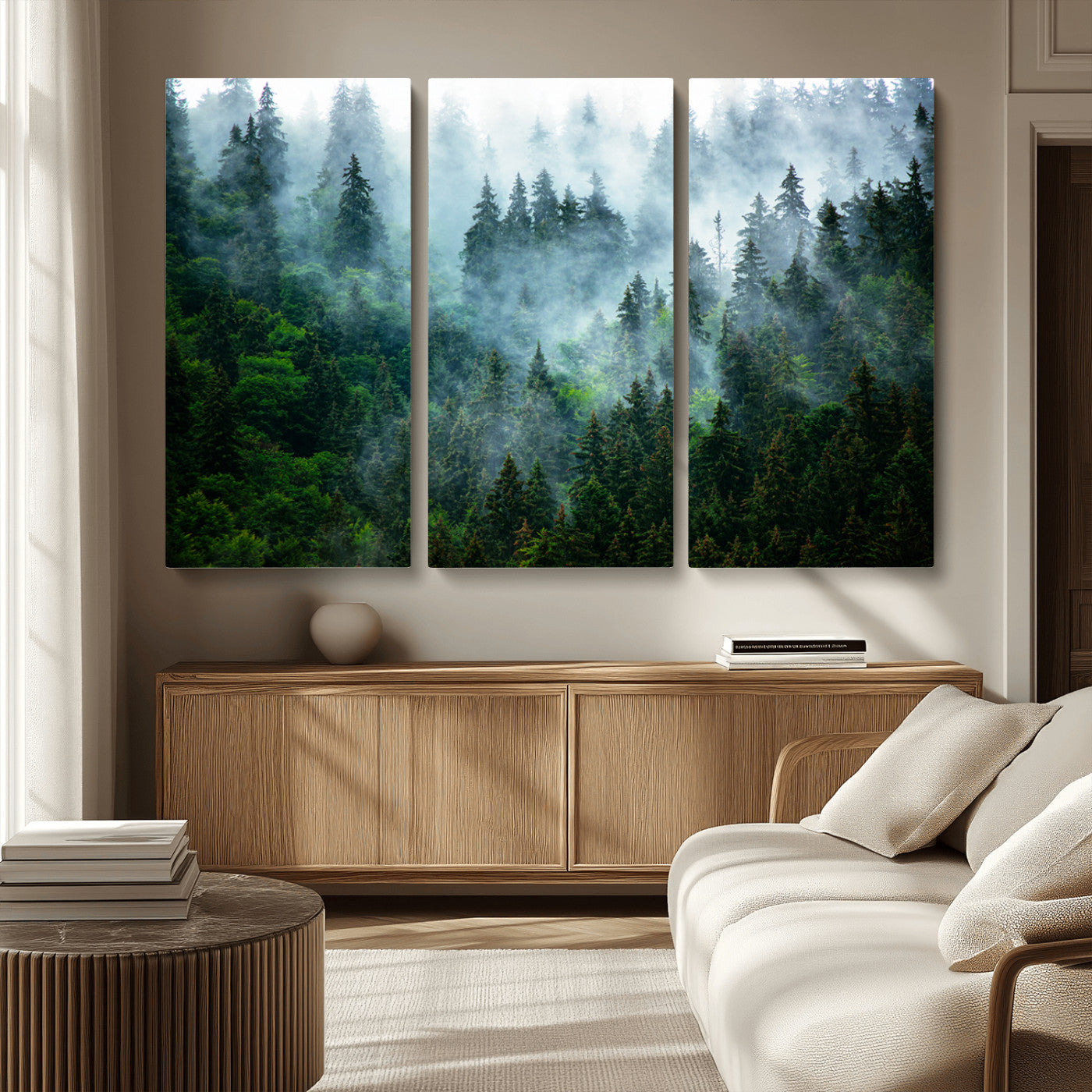 17393683-MGV-CV-36X24-Misty Forest Art Wall Art Canvas Print, Framed Foggy Mountain Art Art Picture Print, Scenic Wall Print Perfect Decor Artwork