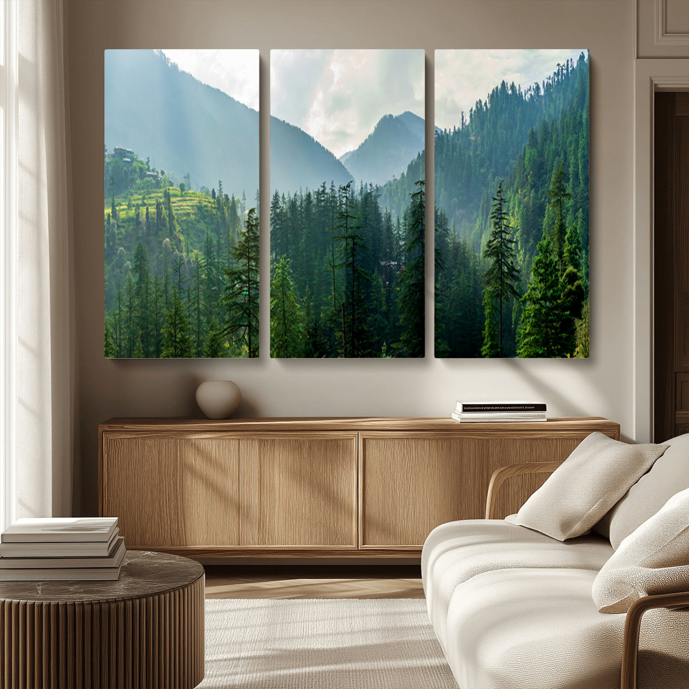 83417191-MGV-CV-48X32-3P-Misty Mountain Forest Wall Art – Pine Tree Landscape Canvas Print, Nature Photography Panorama, Tranquil Green Forest Décor for