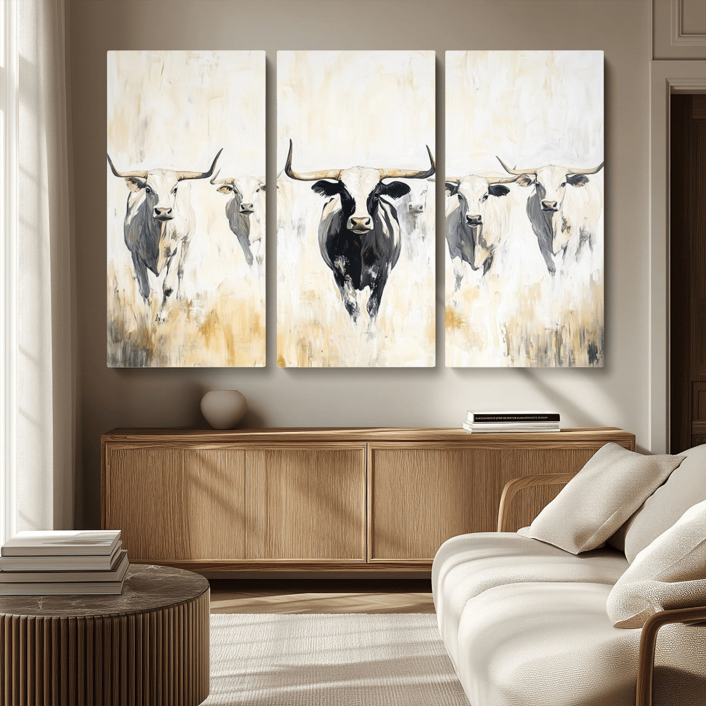 40397799-MGV-CV-36X24-Texas Longhorn Wall Art Canvas Print, Framed Rustic Herd Art Picture Print, Western Bull Perfect Neutral Western Decor Artwork