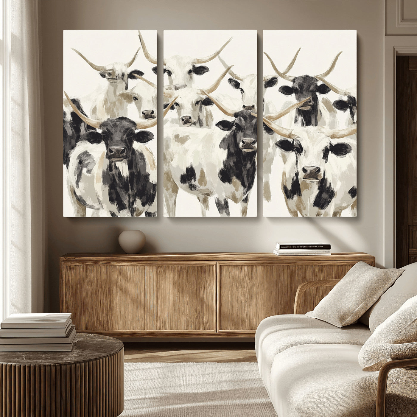 52947970-MGV-CV-36X24-Texas Longhorn Wall Art Canvas Print, Framed Cattle Herd Art Picture Print, Herd Portrait Perfect Modern Farmhouse Decor Artwork