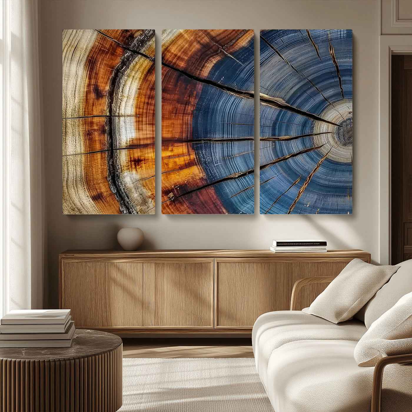 96890915-MGV-CV-36X24-Abstract Tree Ring Wall Art – Rustic Nature Canvas Print with Wood Grain Texture, Modern Earth Tone Artwork for Office, Living