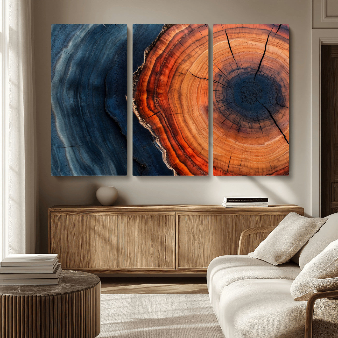 57732250-MGV-CV-36X24-Tree Ring Abstract Wall Art – Blue Orange Wood Grain Canvas Print, Modern Rustic Nature Artwork for Living Room, Office,