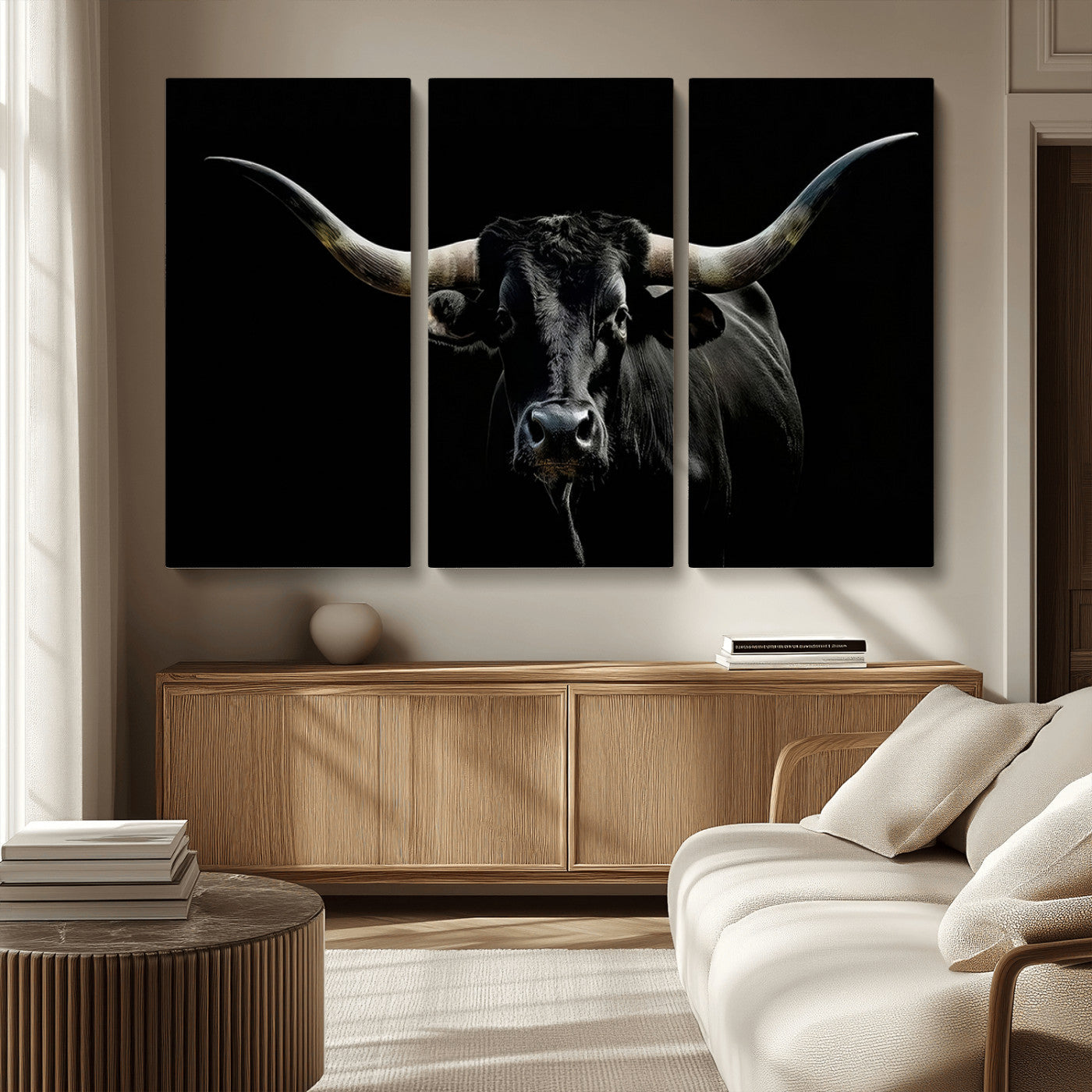 37531960-MGV-CV-36X24-Black Longhorn Bull Wall Art – Dramatic Western Cattle Canvas Print, Rustic Farmhouse Animal Artwork for Living Room, Bedroom,