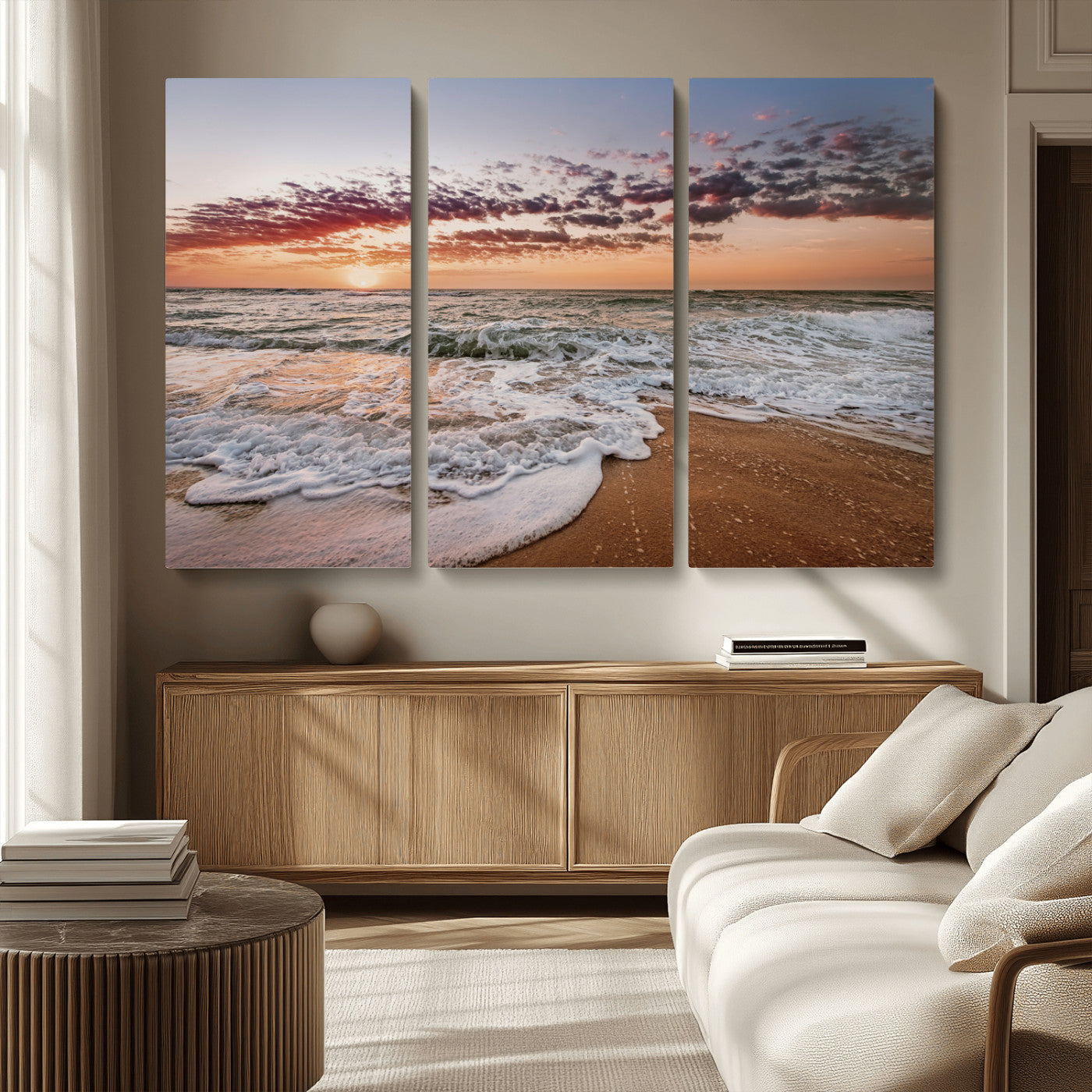 39846389-MGV-CV-36X24-Ocean Sunset Wall Art Canvas Print, Framed Sandy Shore Art Picture Print, Gentle Waves Perfect Minimalist Coastal Decor Artwork