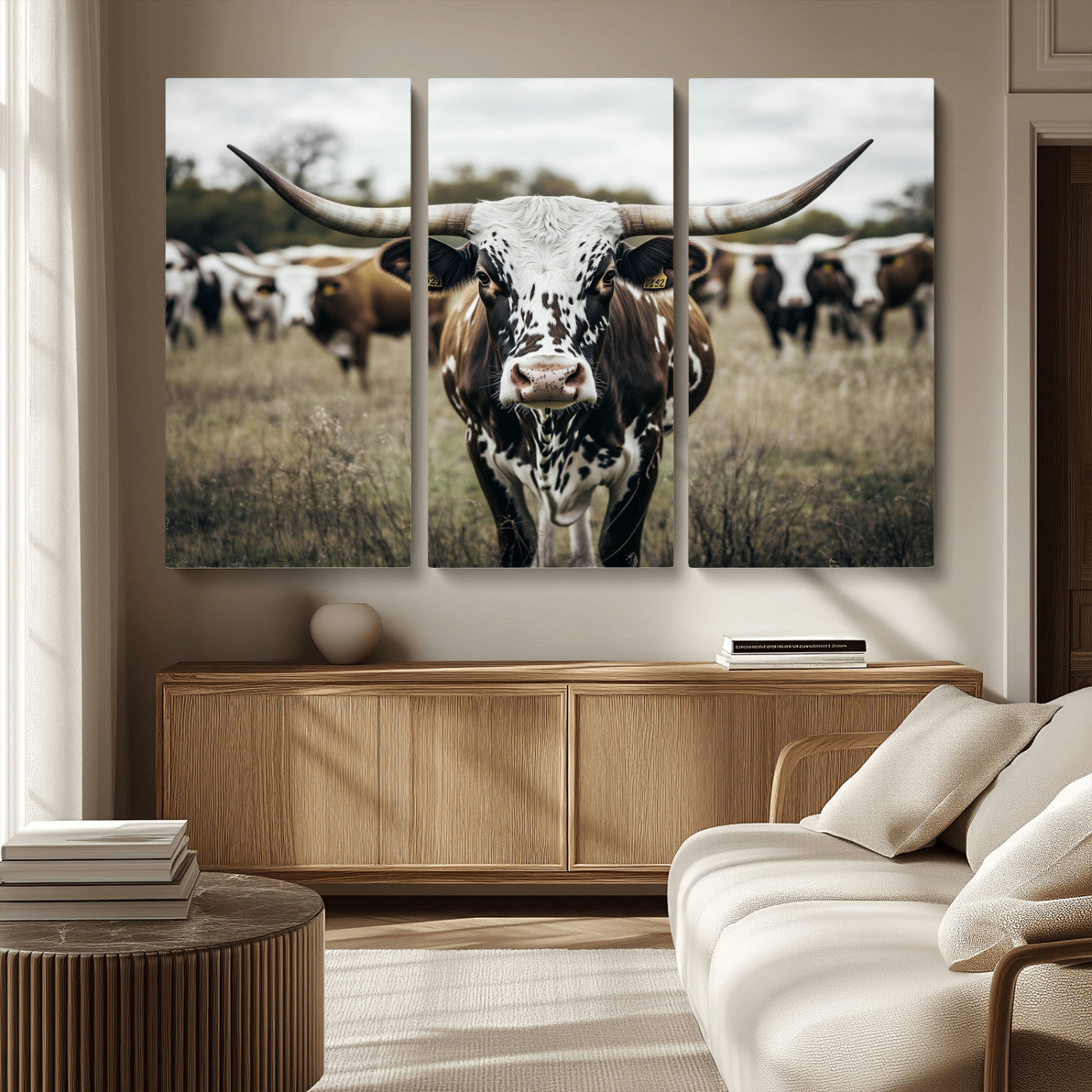 79025945-MGV-CV-48X32-3P-Texas Longhorn Wall Art Canvas Print, Framed Speckled Cow Art Picture Print, Horned Cattle Perfect Rustic Western Decor Artwork