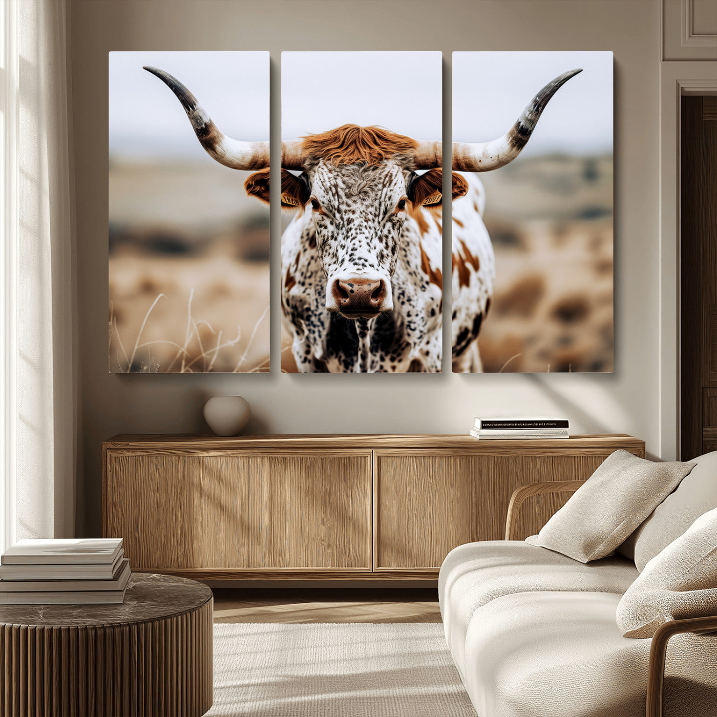 76294381-MGV-CV-36X24-Texas Longhorn Wall Art Canvas Print, Framed Spotted Cow Art Picture Print, Horned Cattle Perfect Rustic Western Decor Artwork