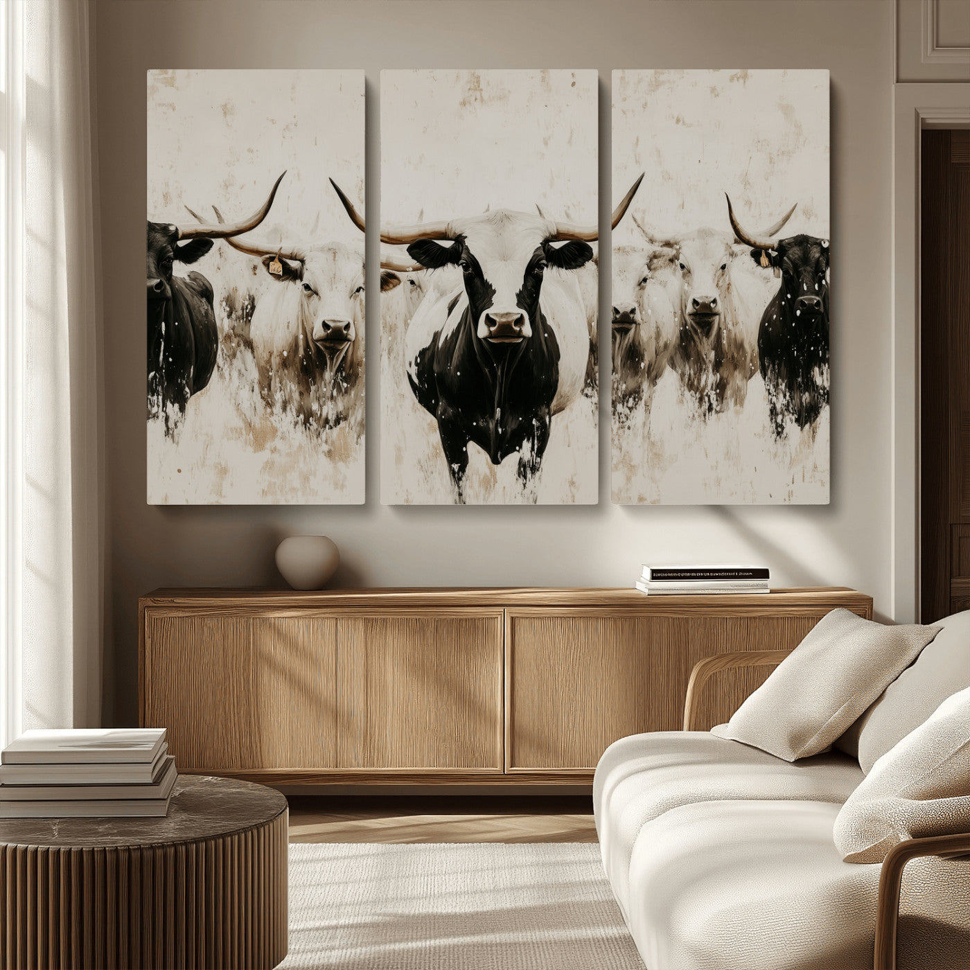 12027562-MGV-CV-36X24-Longhorn Cattle Wall Art Canvas Print, Framed Bison Herd Art Picture Print, Cattle Group Perfect Rustic Farmhouse Decor Artwork