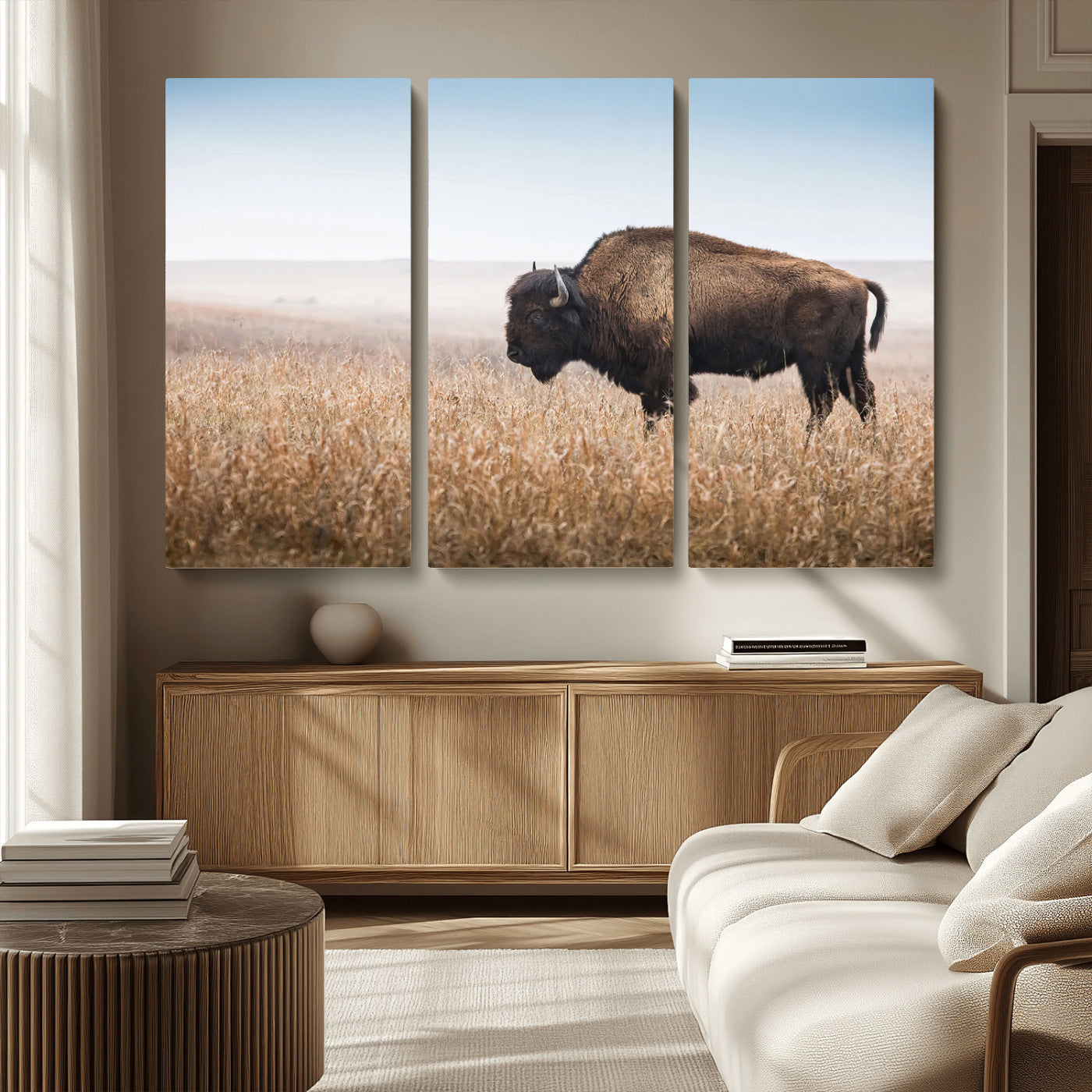 91267849-MGV-CV-36X24-Wild Bison Wall Art Canvas Print, Framed Bison in Prairie Art Picture Print, Rustic Western Perfect Rustic Western Decor Artwork