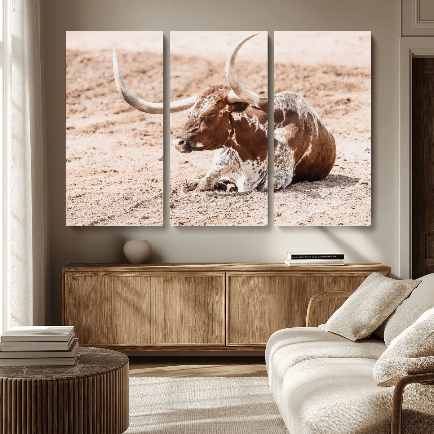 91248682-MGV-CV-36X24-Texas Longhorn Wall Art Canvas Print, Framed Resting Bull Art Picture Print, Spotted Cattle Perfect Rustic Western Decor Artwork