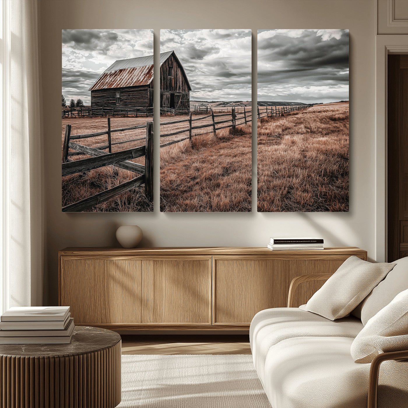 73898372-MGV-CV-36X24-Rustic Barn Wall Art Canvas Print, Framed Moody Field Art Picture Print, Weathered Fence Perfect Moody Farmhouse Decor Artwork