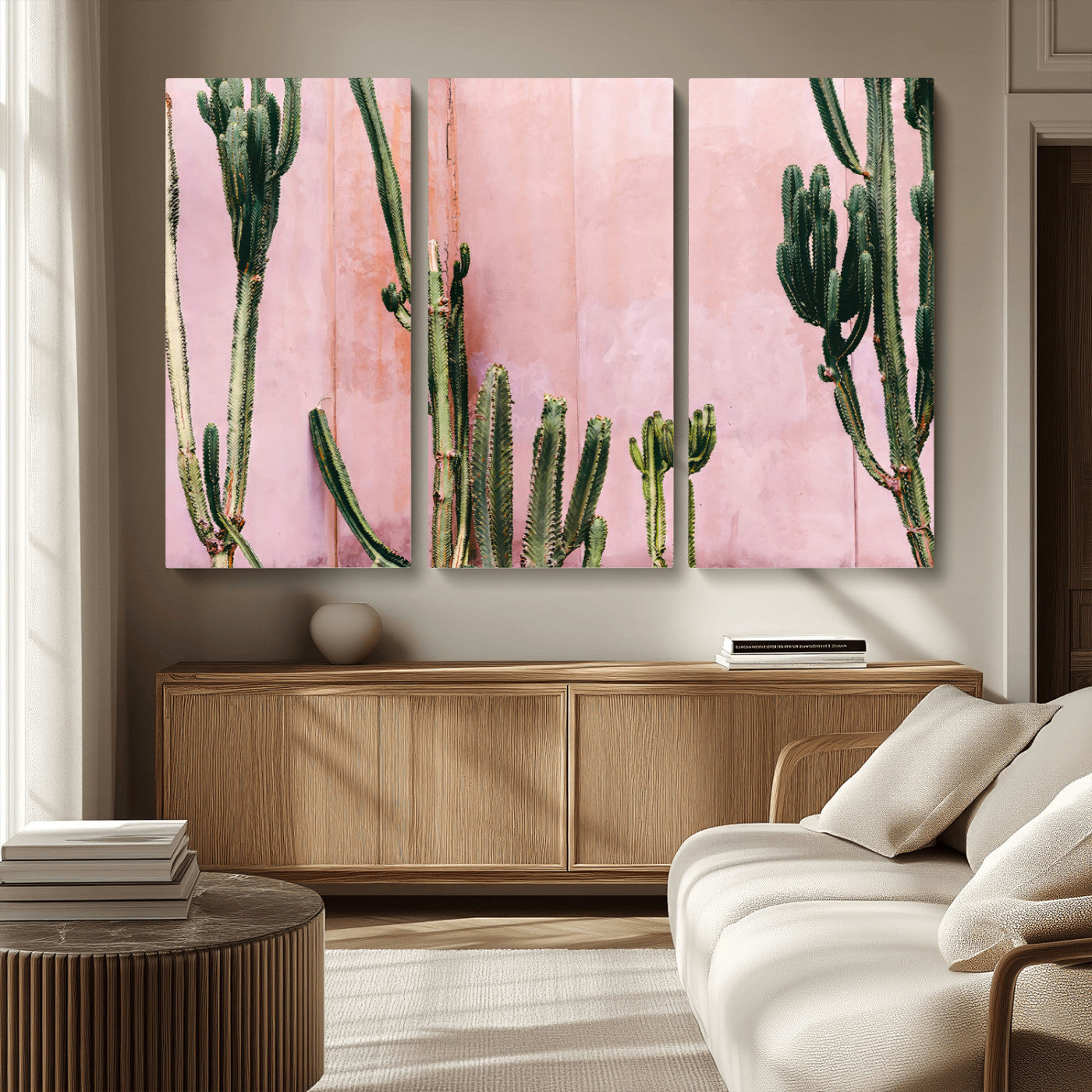93119502-MGV-CV-36X24-Tall Cactus Wall Art Canvas Print, Framed Pink Wall Art Picture Print, Cactus Lines Perfect Modern Desert Decor Artwork