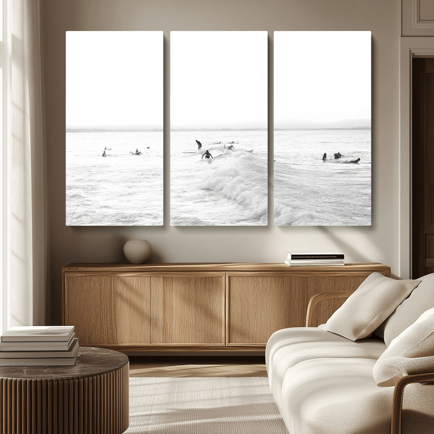 33449548-MGV-CV-36X24-Group Surfers Wall Art Canvas Print, Framed Ocean Wave Art Picture Print, Surf Crowd Perfect Monochrome Surf Decor Artwork