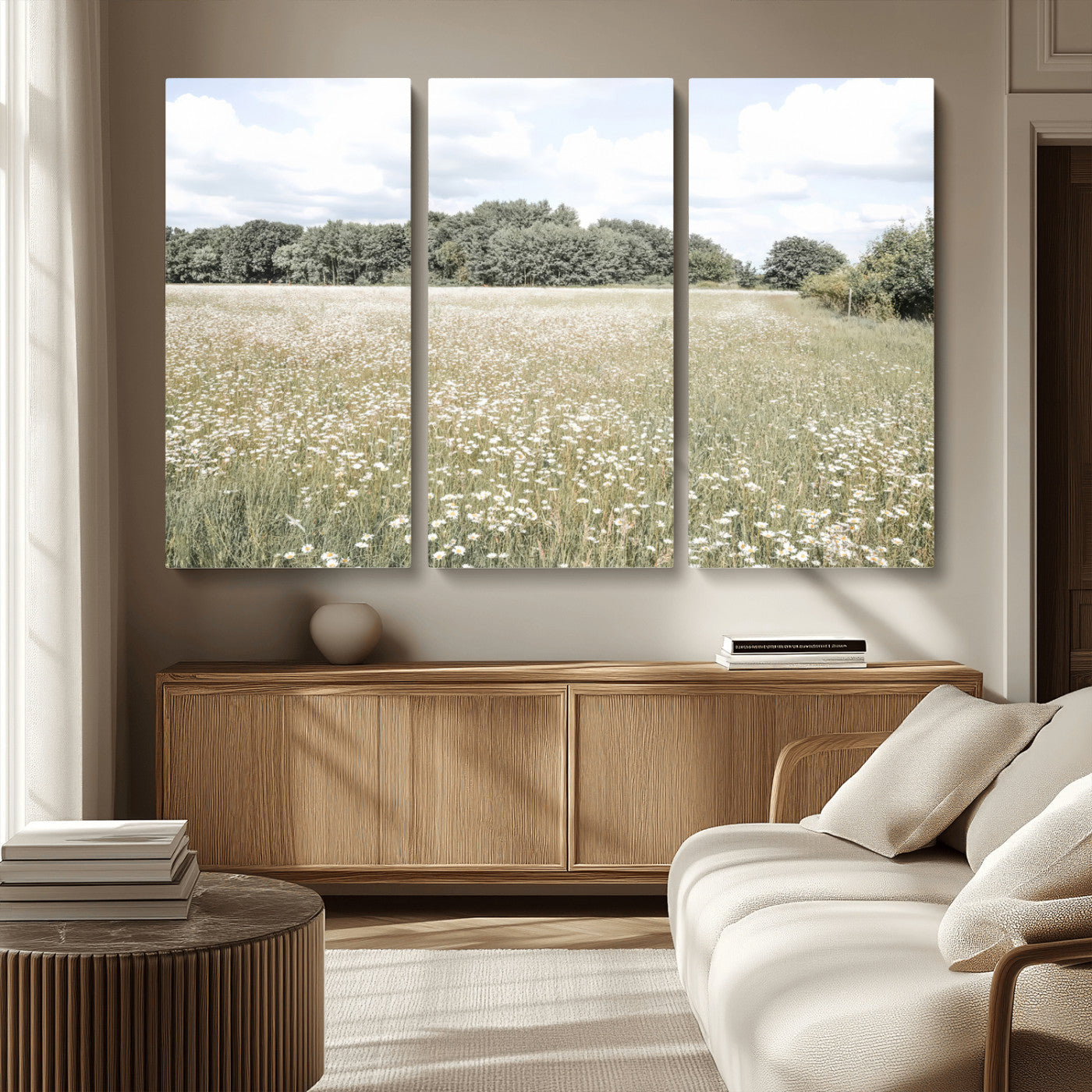 43258946-MGV-CV-36X24-Daisy Field Wall Art Canvas Print, Framed Pastel Flower Art Picture Print, Meadow Bloom Perfect Scandinavian Minimalist Decor